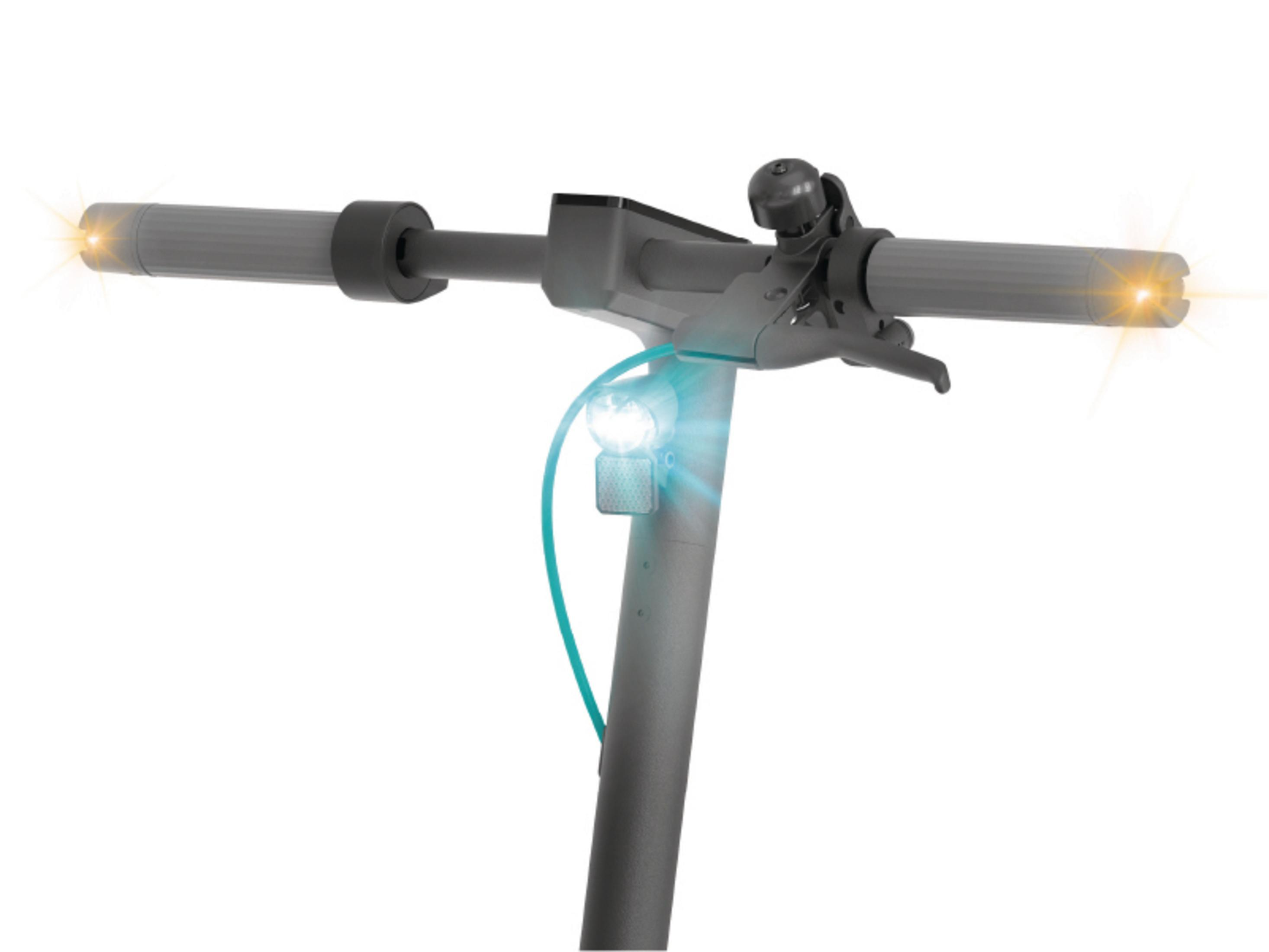 Roller-Lenker, schwarz, mit Lichtern und Klingel. Lichter leuchten gelb und blau.