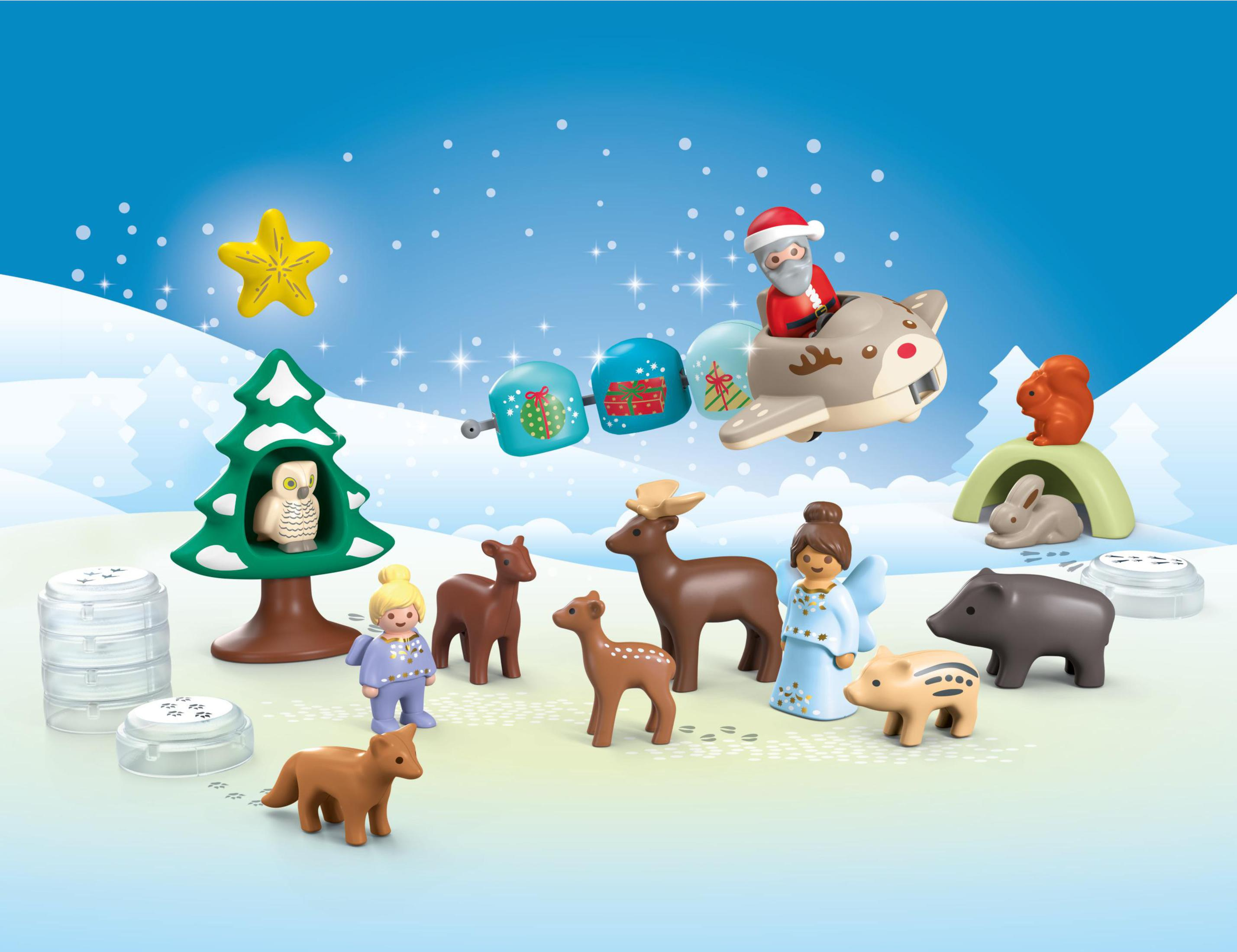Weihnachtsszene mit Weihnachtsmann im Rentierflugzeug, Tiere, Weihnachtsbaum, Stern und Geschenke.