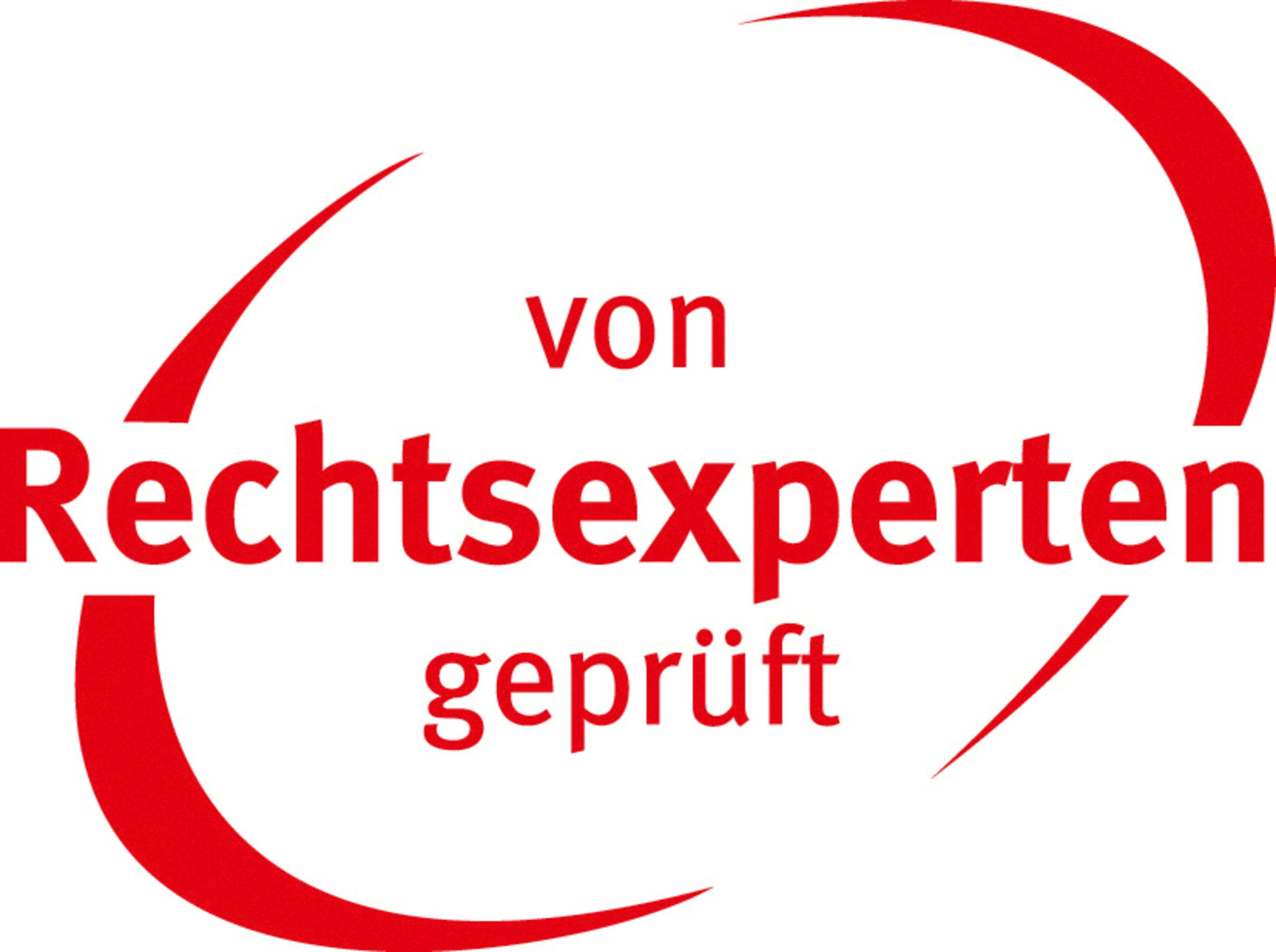 Roter Text auf Weiß: von Rechtsexperten geprüft, innerhalb einer roten geschwungenen Form.
