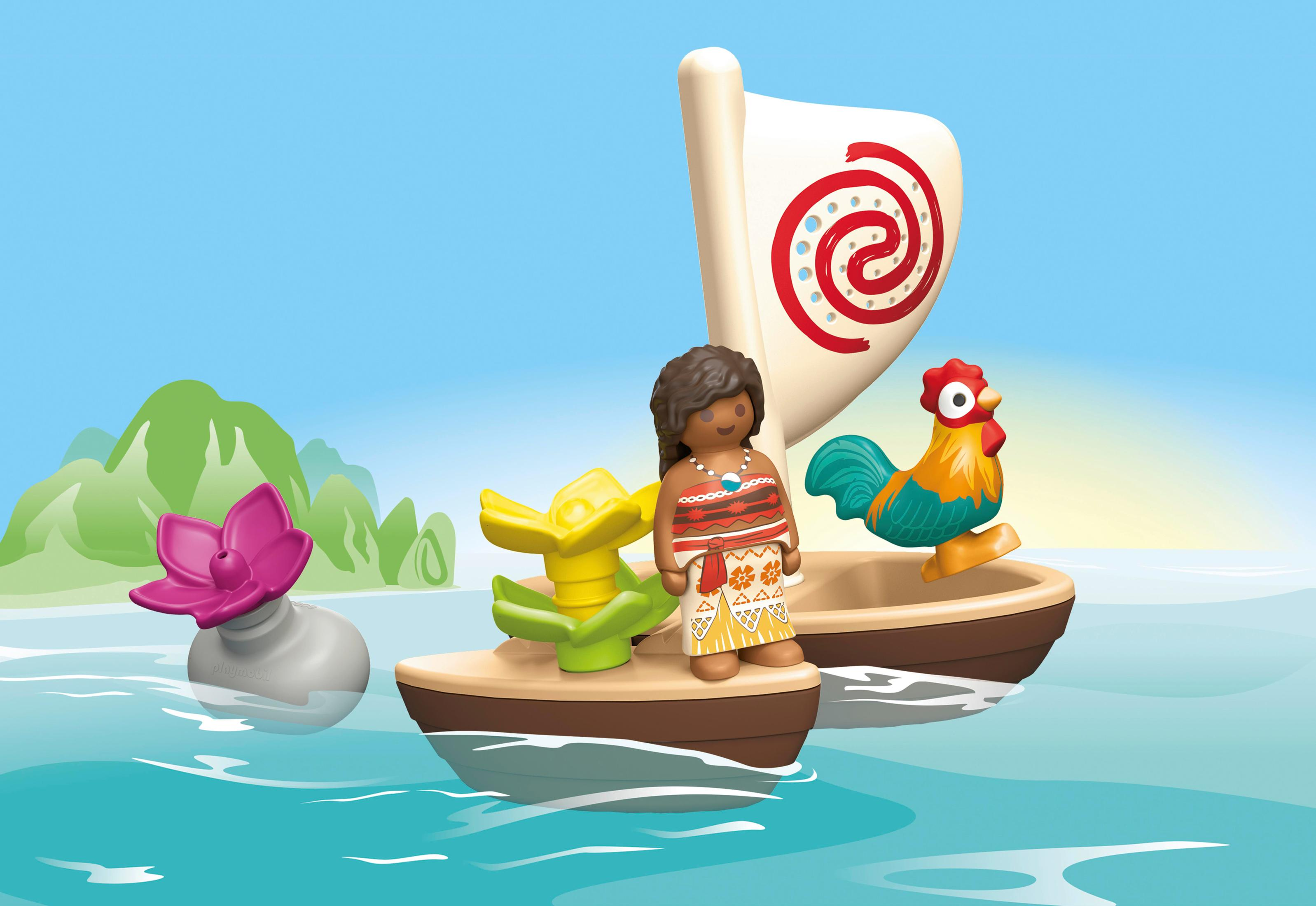 Una barca Playmobil con un personaggio, un gallo e fiori. Lo sfondo è mare e cielo.