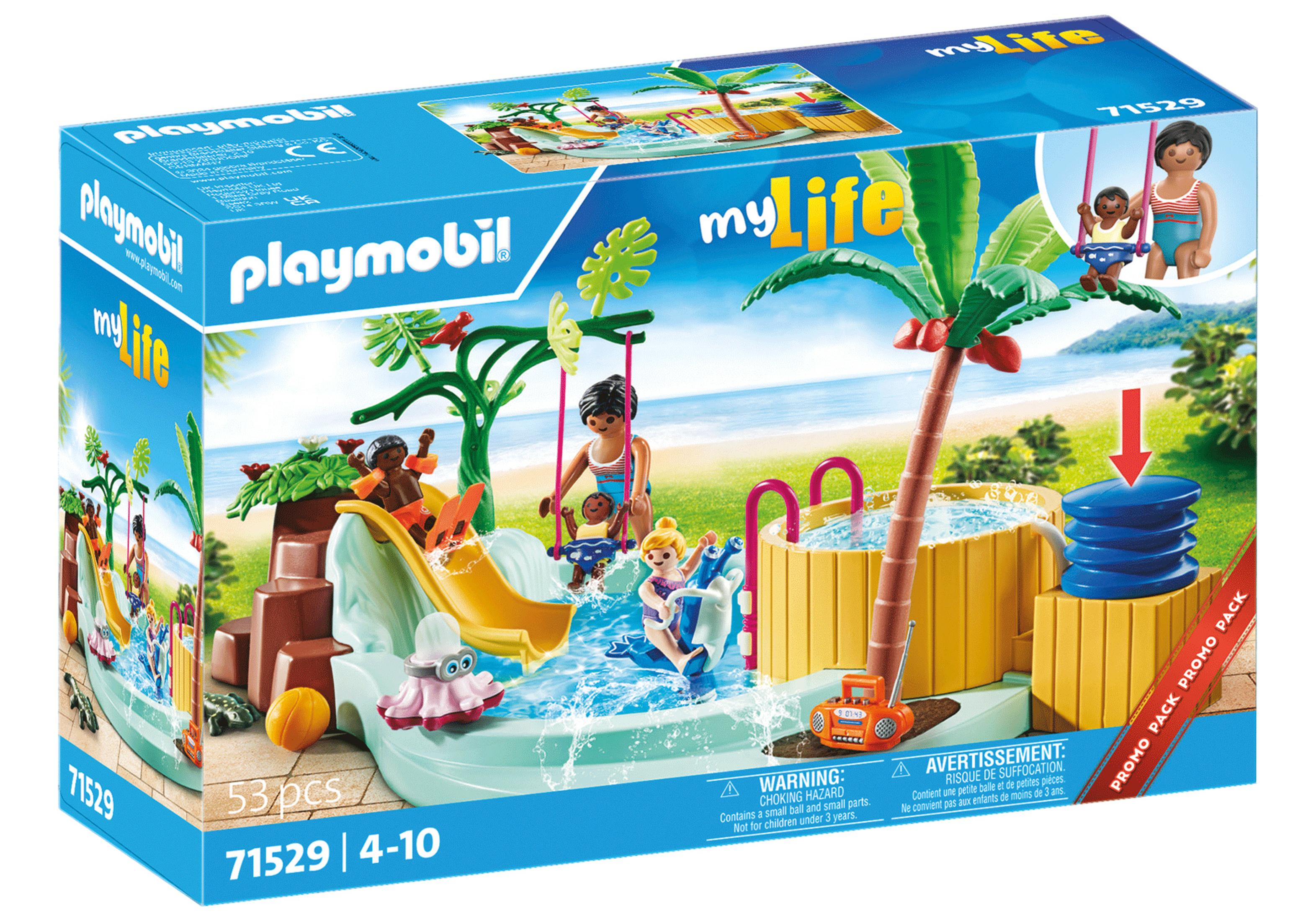 Set de caja Playmobil de un parque acuático con figuras y accesorios. Contiene tobogán, piscina y palmera.