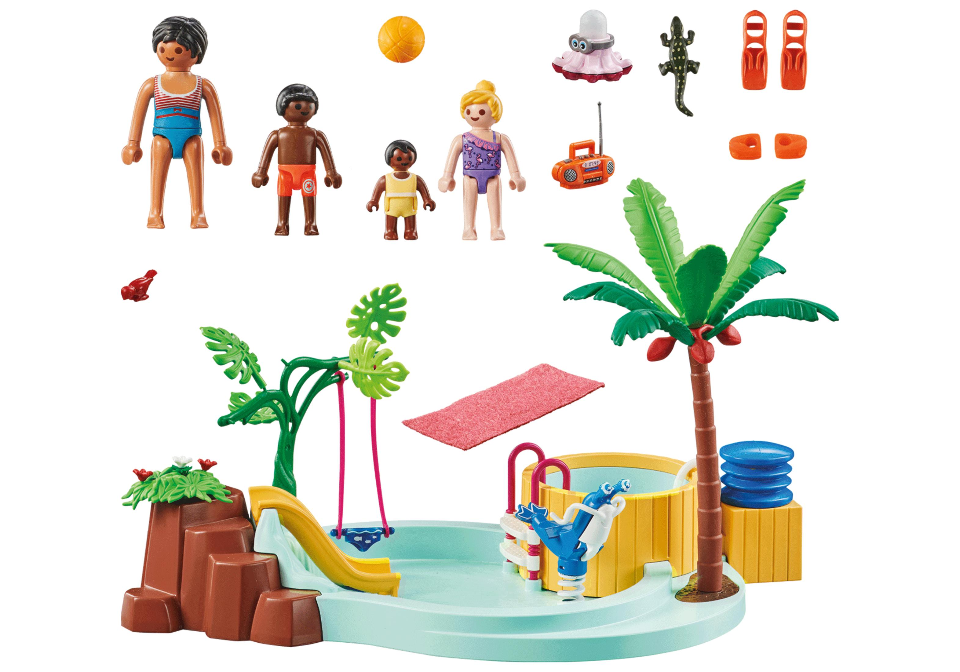 Un juego de piscina Playmobil con figuras y accesorios sobre un fondo blanco.