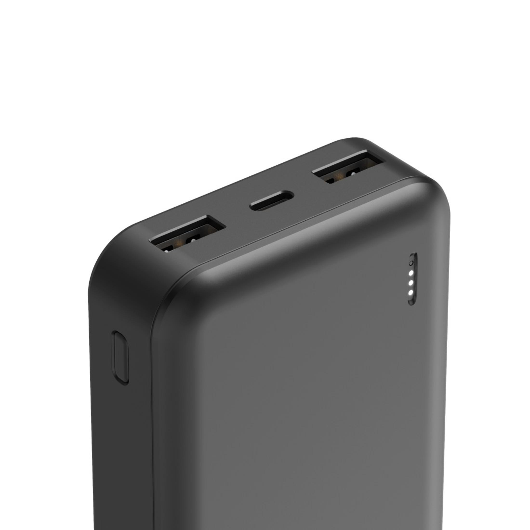 Banco de energía negro con puertos USB y Tipo-C, y un indicador sobre un fondo blanco.