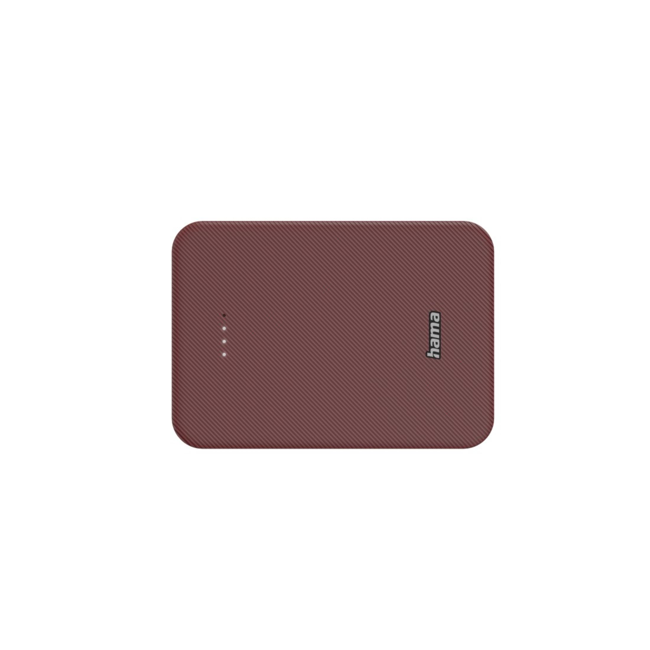 Power bank marrone con superficie strutturata, tre spie e il nome del marchio.