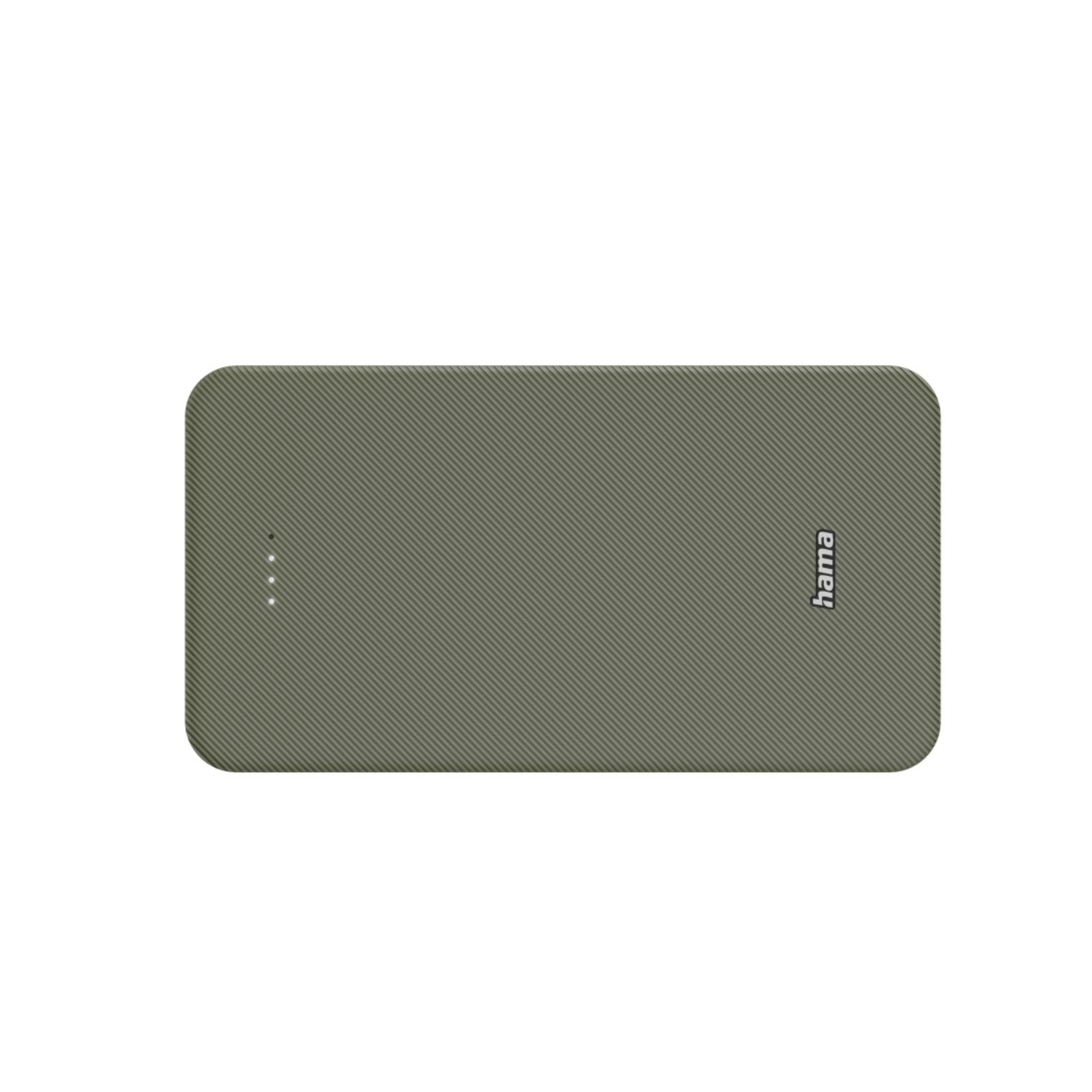 Olivgrüne Powerbank mit strukturierter Oberfläche und vier Kontrollleuchten.