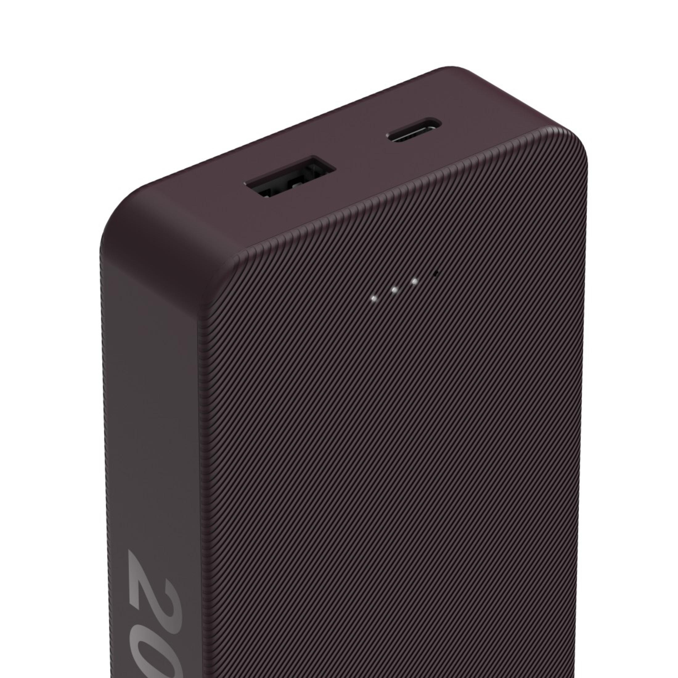 Eine dunkelbraune Powerbank mit geriffelter Oberfläche, mit USB-Anschluss und Ladeanschluss.