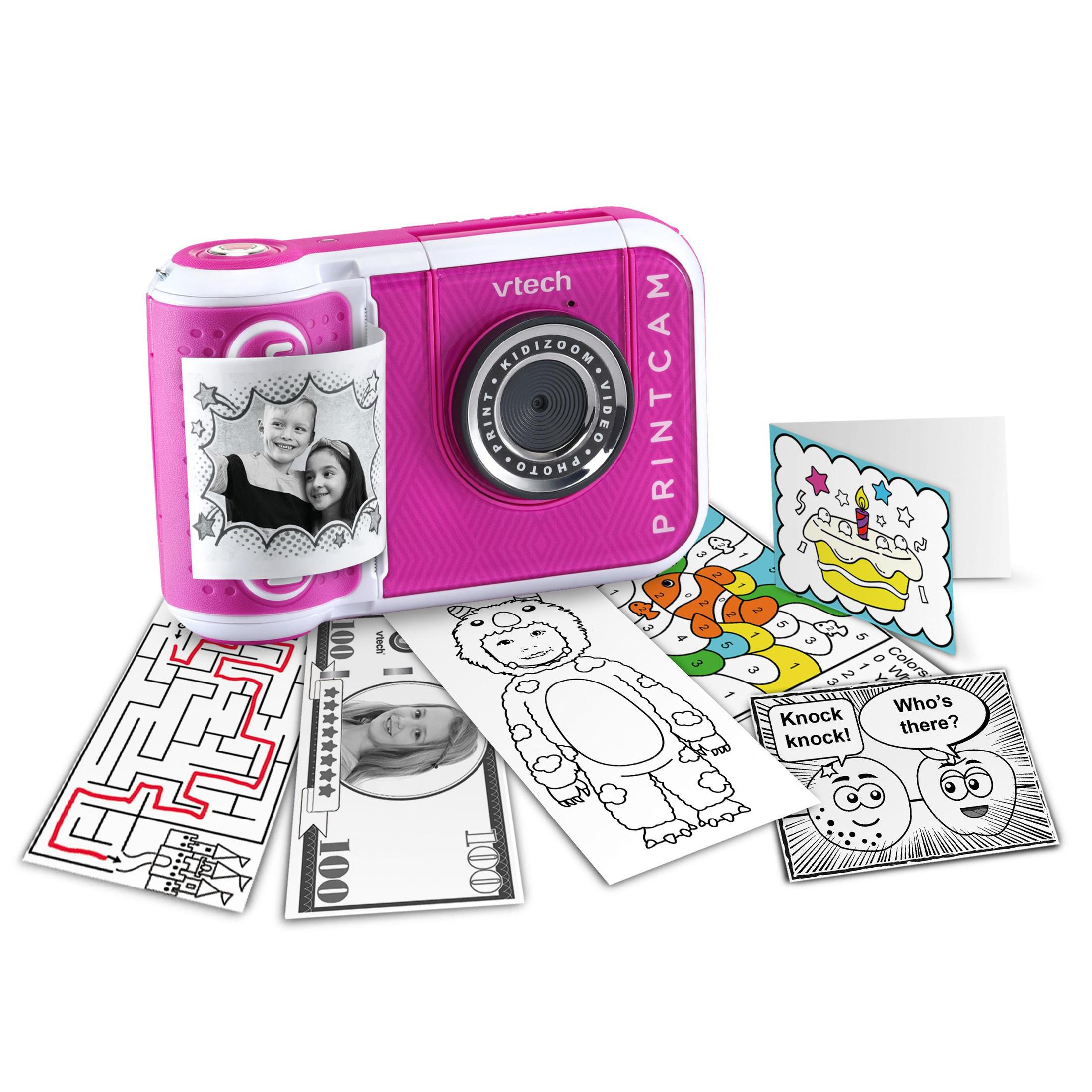 Pinke Vtech PrintCam mit Fotos und Ausmalbildern, darunter ein Labyrinth, Geld, Klopf-Karte.