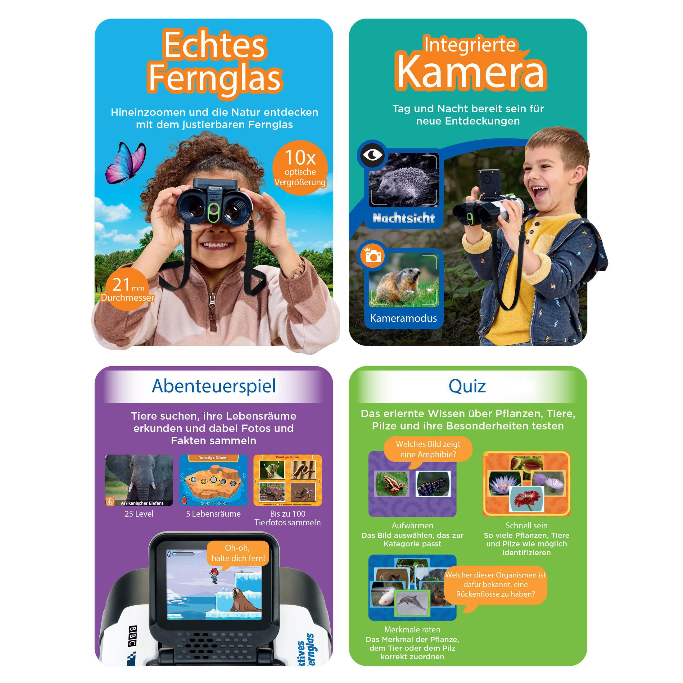 Lehrkarten mit Kindern, die Ferngläser und Kameras benutzen, mit Text.