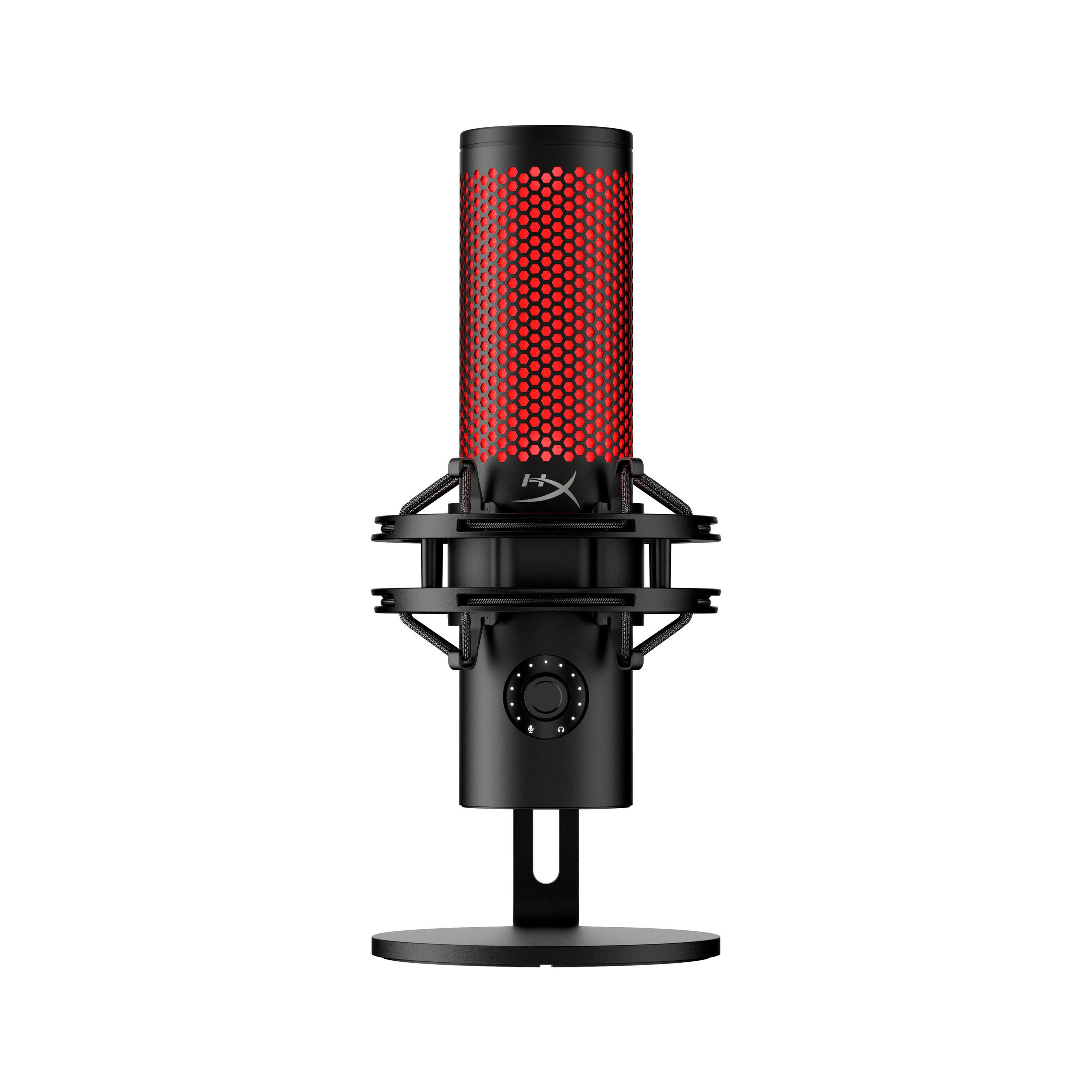 Microphone HyperX noir avec maillage rouge, sur un support noir, fond blanc.