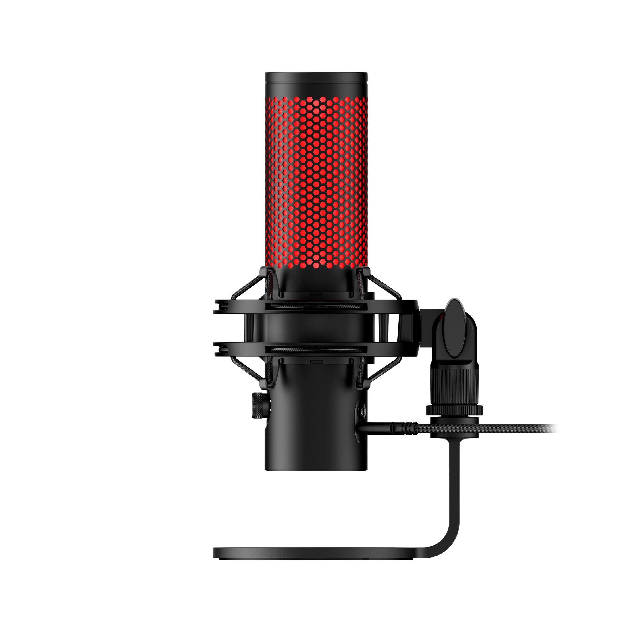 Microphone noir et rouge. Maillage rouge sur le dessus, base et support noirs.