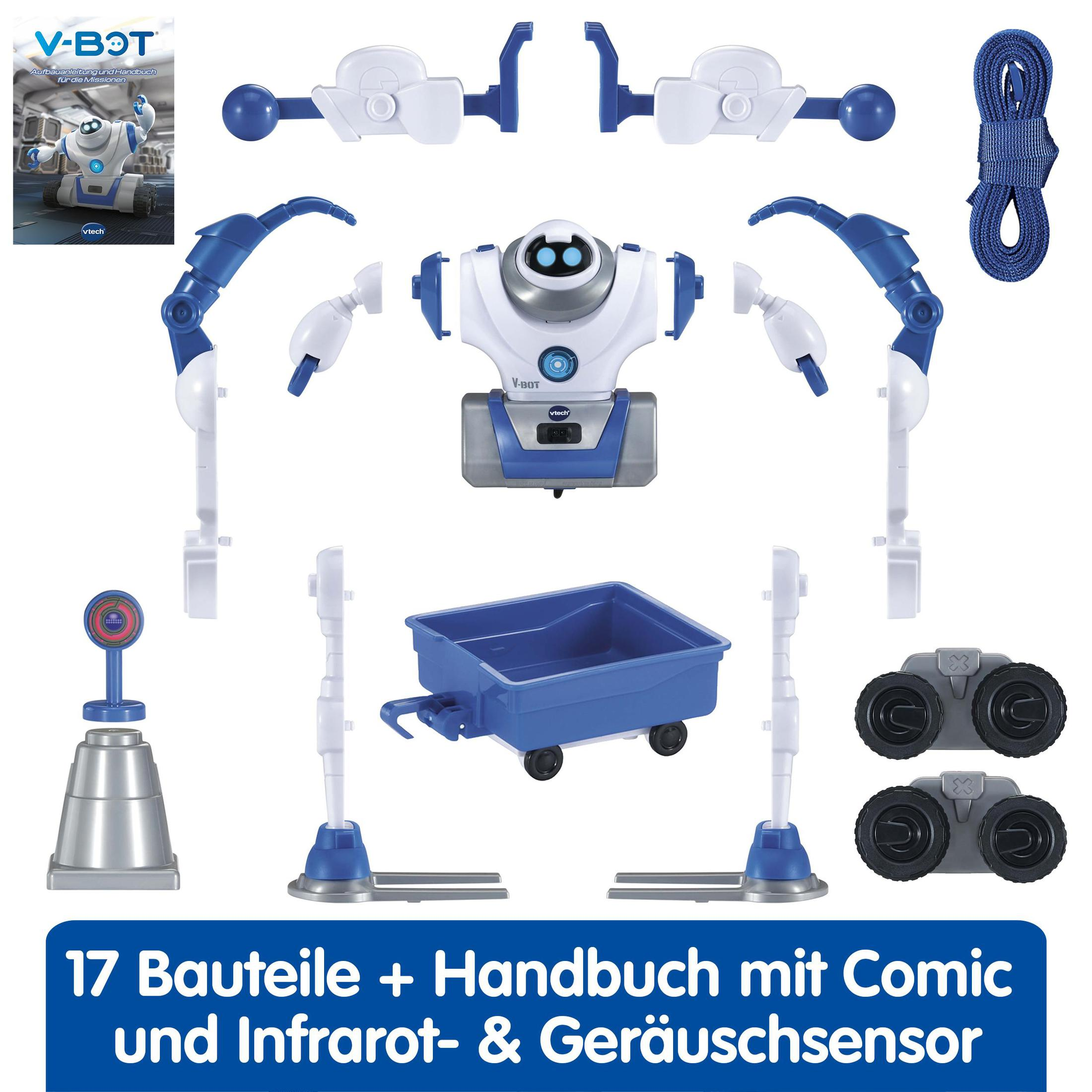 Kit de robot jouet avec diverses pièces et un chariot bleu, sur fond blanc.