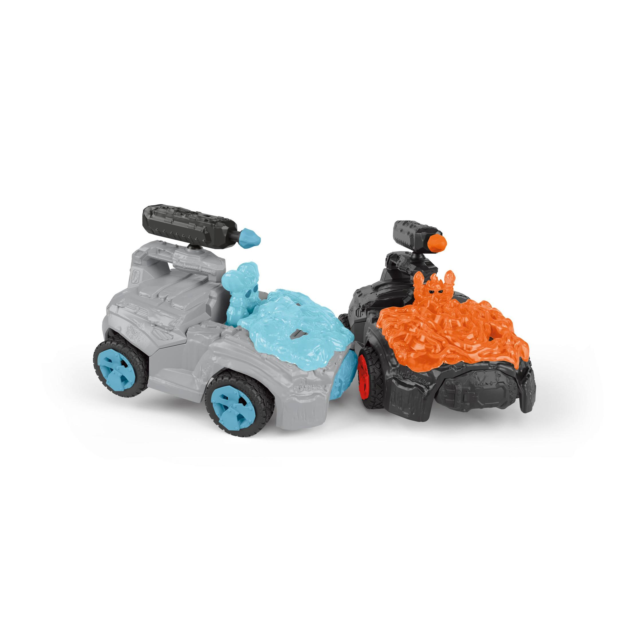 Zwei Spielzeugautos. Graues Auto mit blauen Akzenten und schwarzes Auto mit orangenen Akzenten. Weißer Hintergrund.