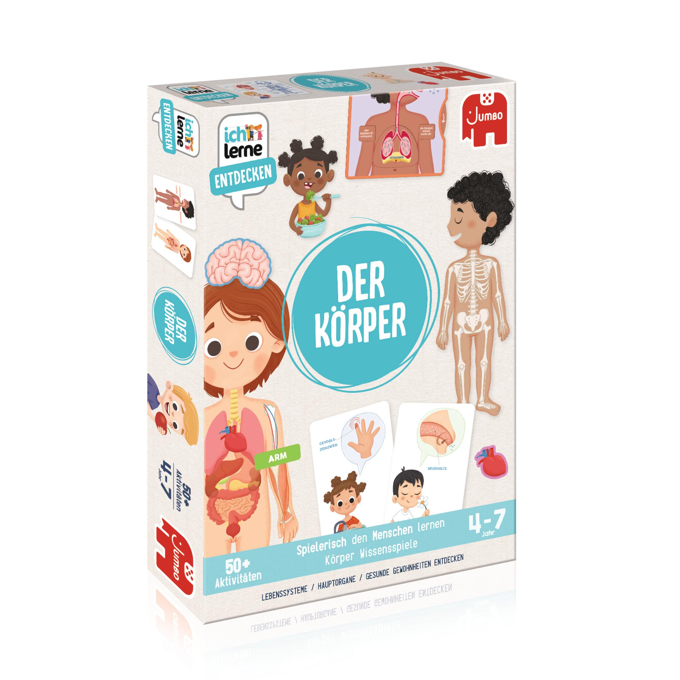 Ein verpacktes Kinderspiel zur Anatomie mit Illustrationen des menschlichen Körpers und einem verspielten Design.