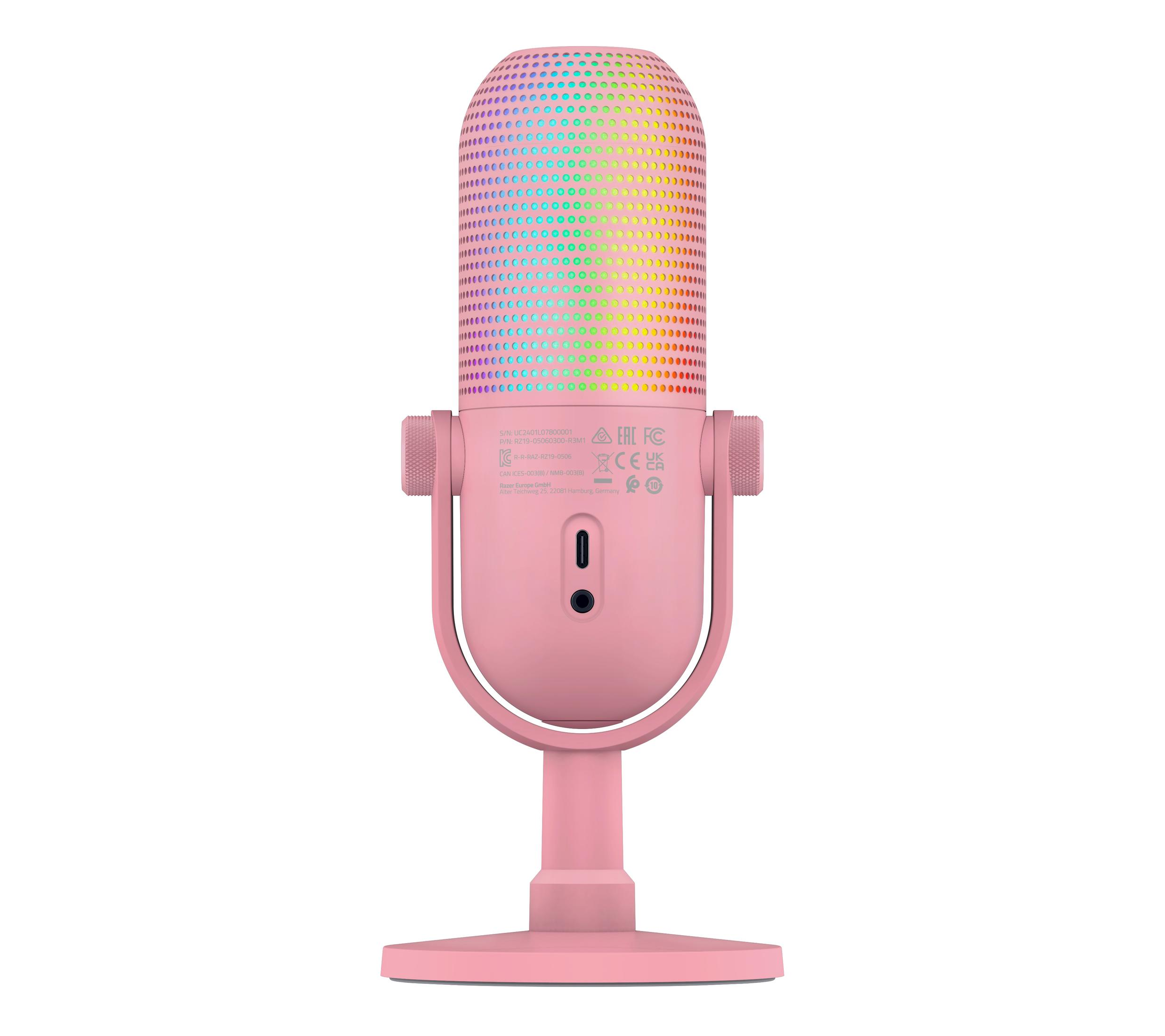 Różowy mikrofon USB z kolorowym światłem i stojakiem, na białym tle.