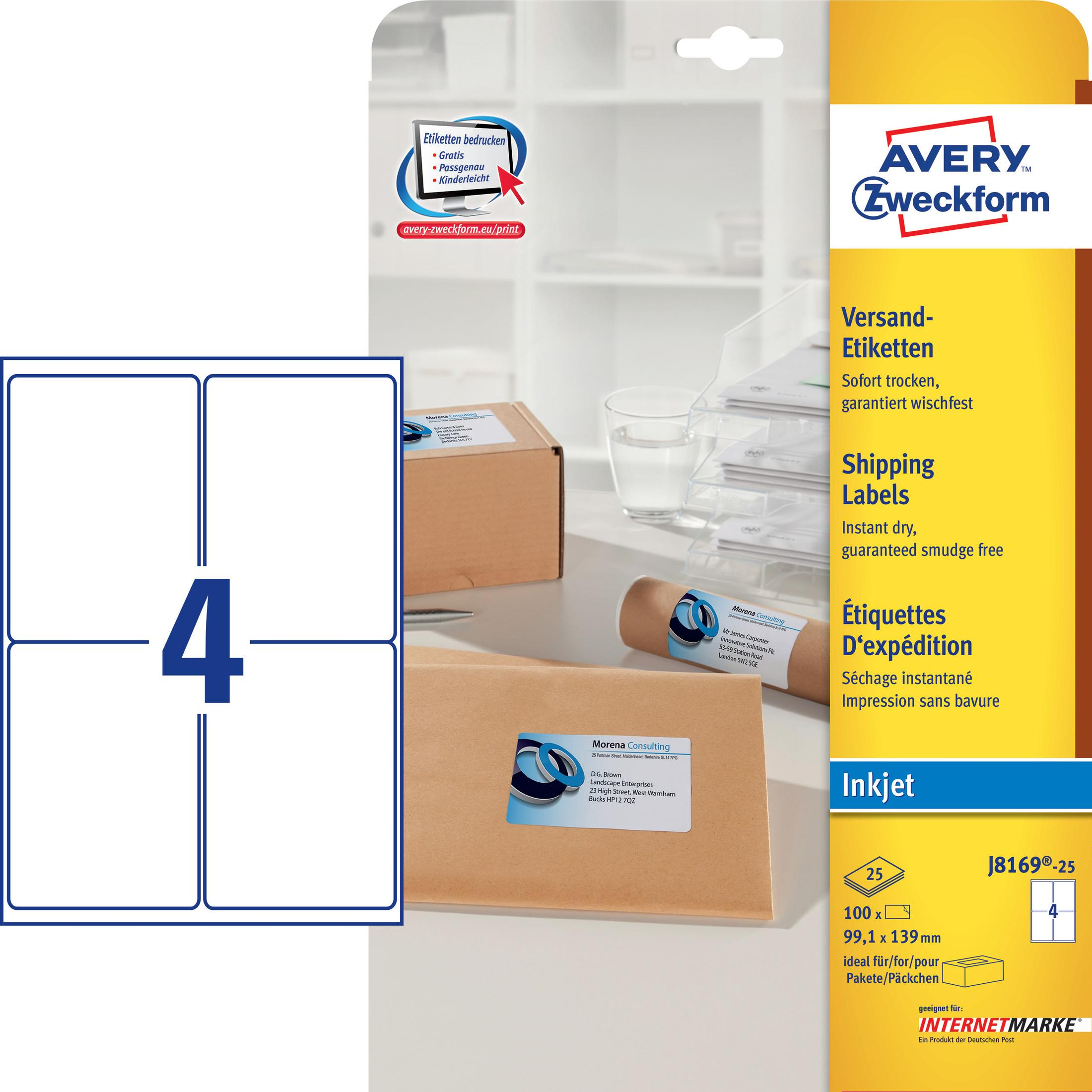 Blatt weißer Avery-Etiketten mit vier Rechtecken und einer blauen '4'.
