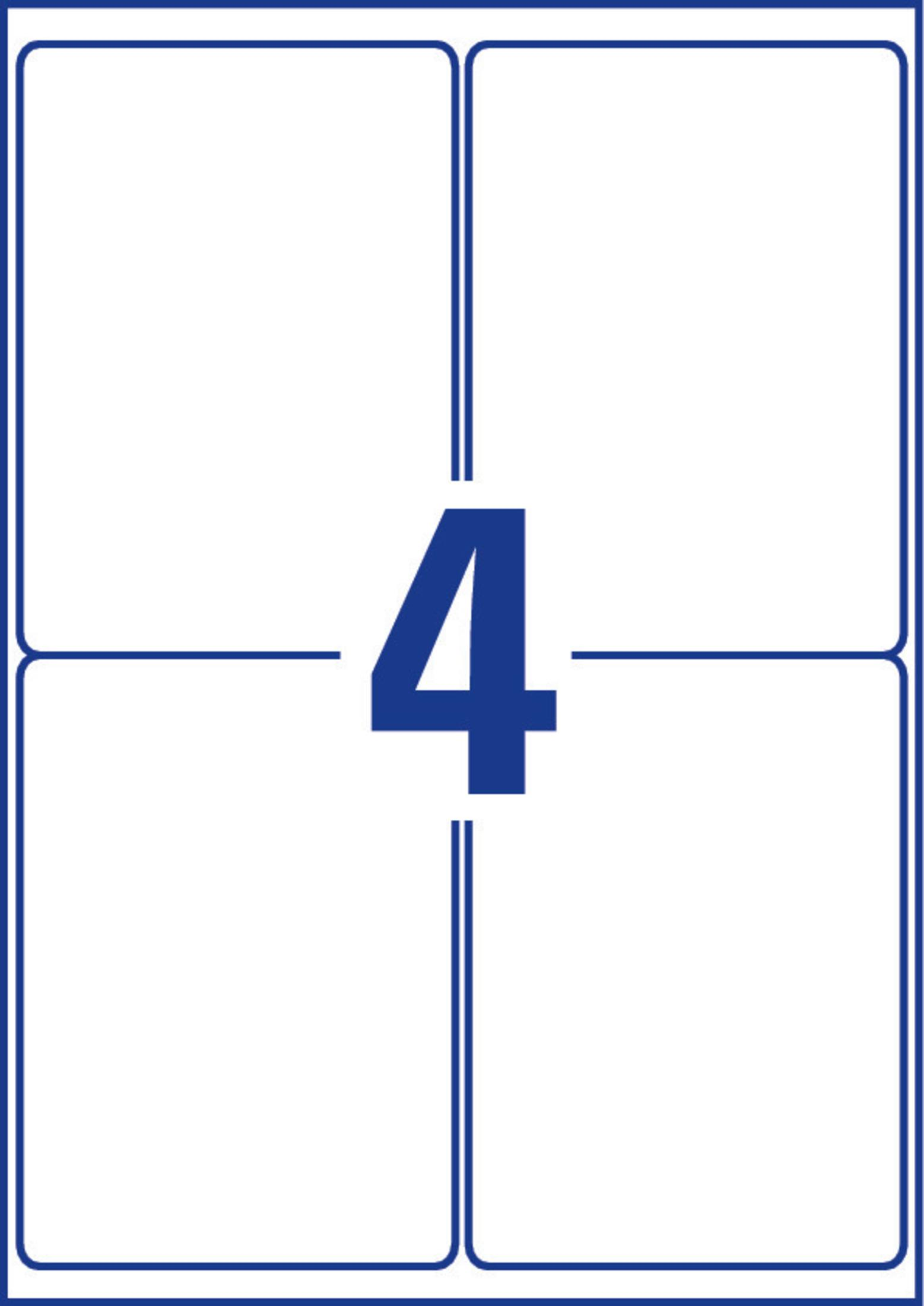 Ein Blatt weißer Etiketten, unterteilt in vier Rechtecke, mit blauem Rand und blauer '4'.