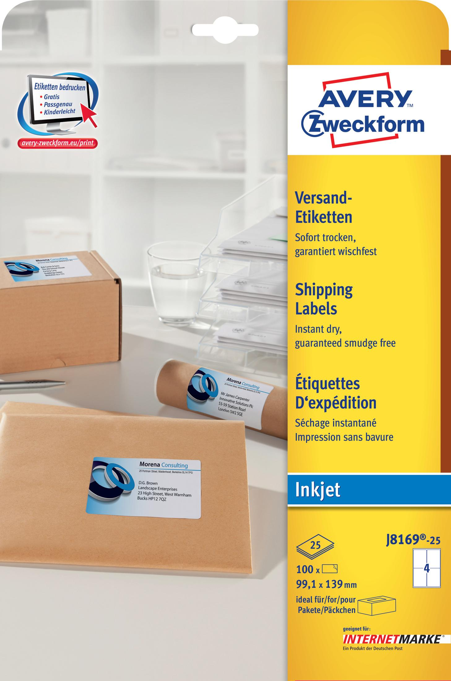 Verpackung für Versandetiketten, mit braunem Paket und Etikett darauf.