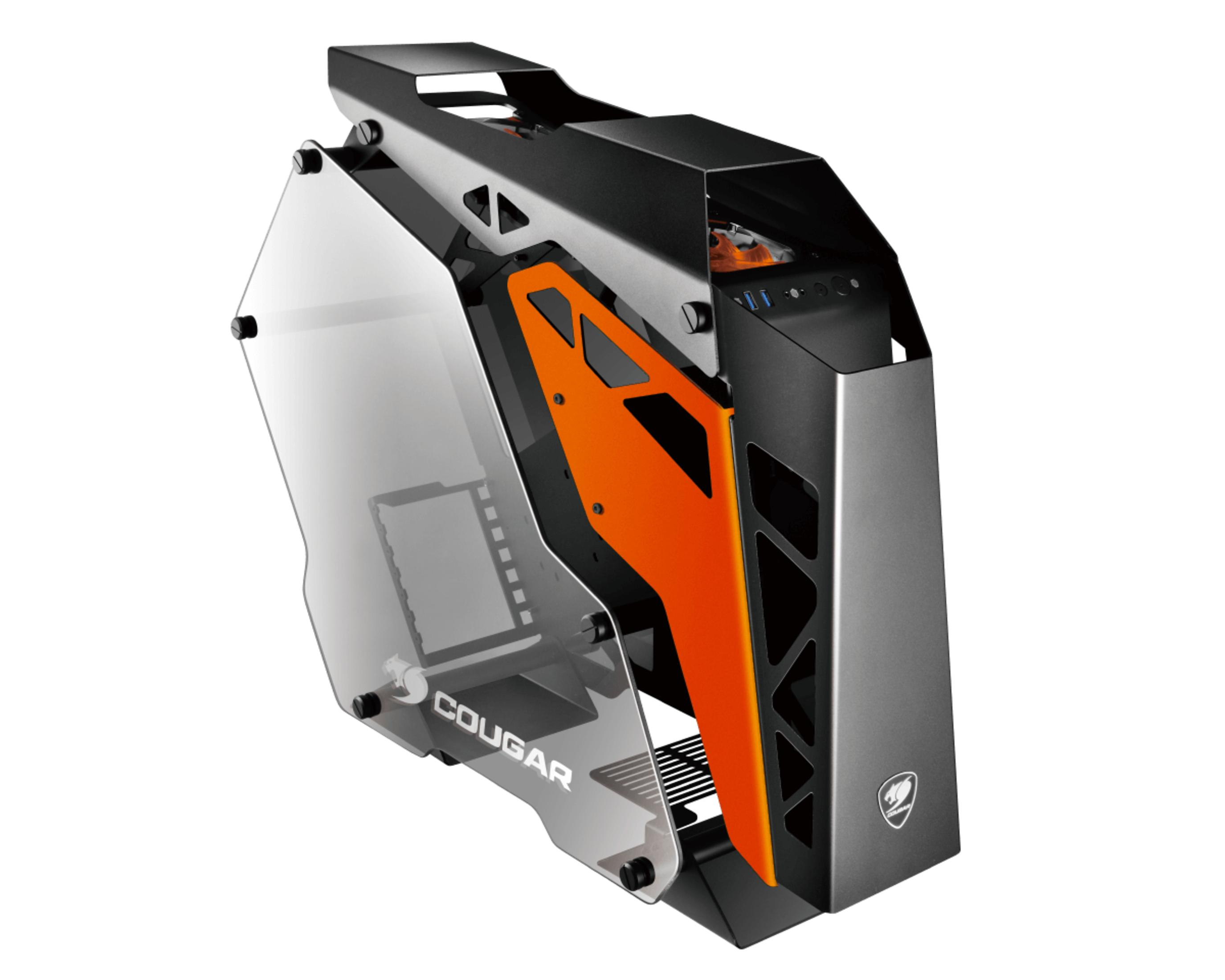 Czarna i pomarańczowa obudowa komputera Cougar. Ma szklany panel boczny i logo Cougar.