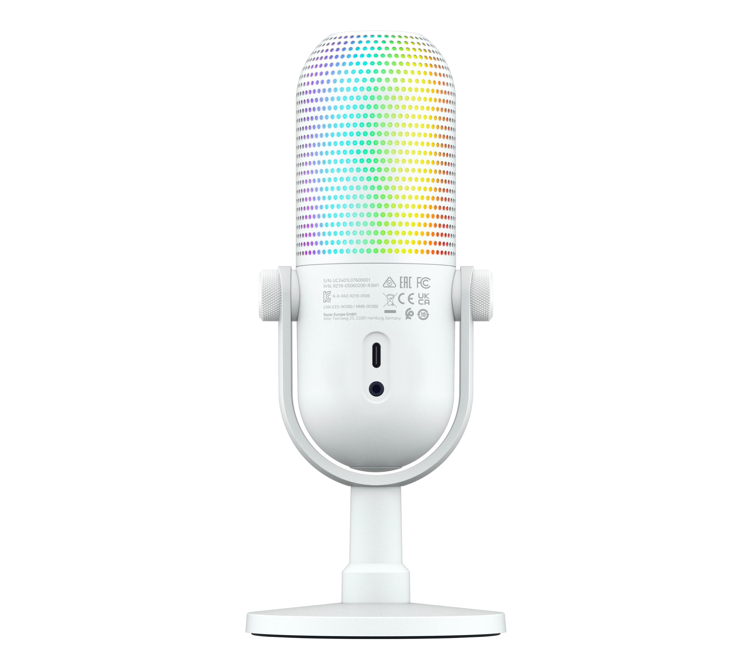 Weißes Razer Seiren Mini Mikrofon. Die Oberseite ist mit farbwechselnden LEDs bedeckt.
