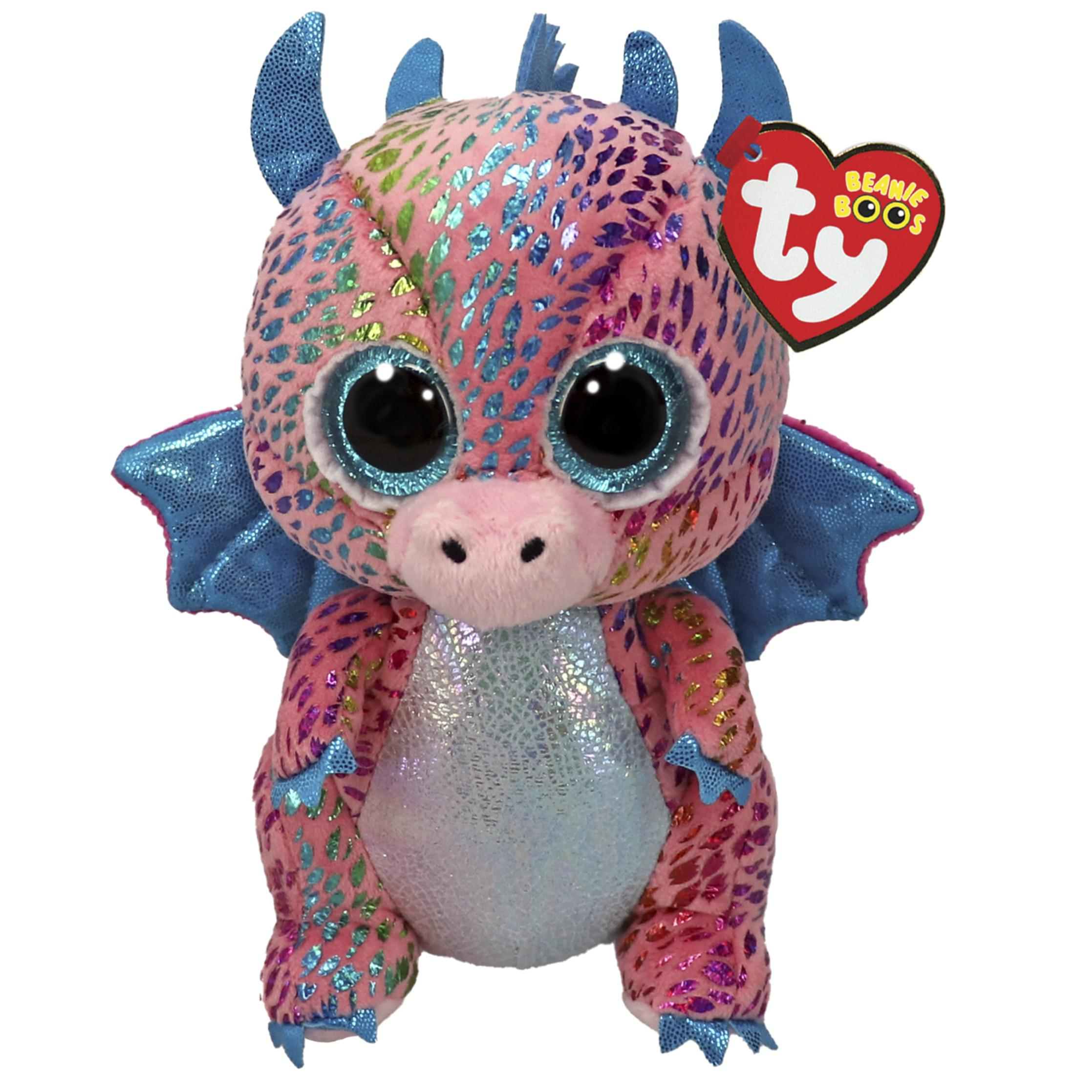 Rosa, blaues und glitzerndes Drachen-Plüschtier mit großen Augen und einem TY Beanie Boos-Etikett.