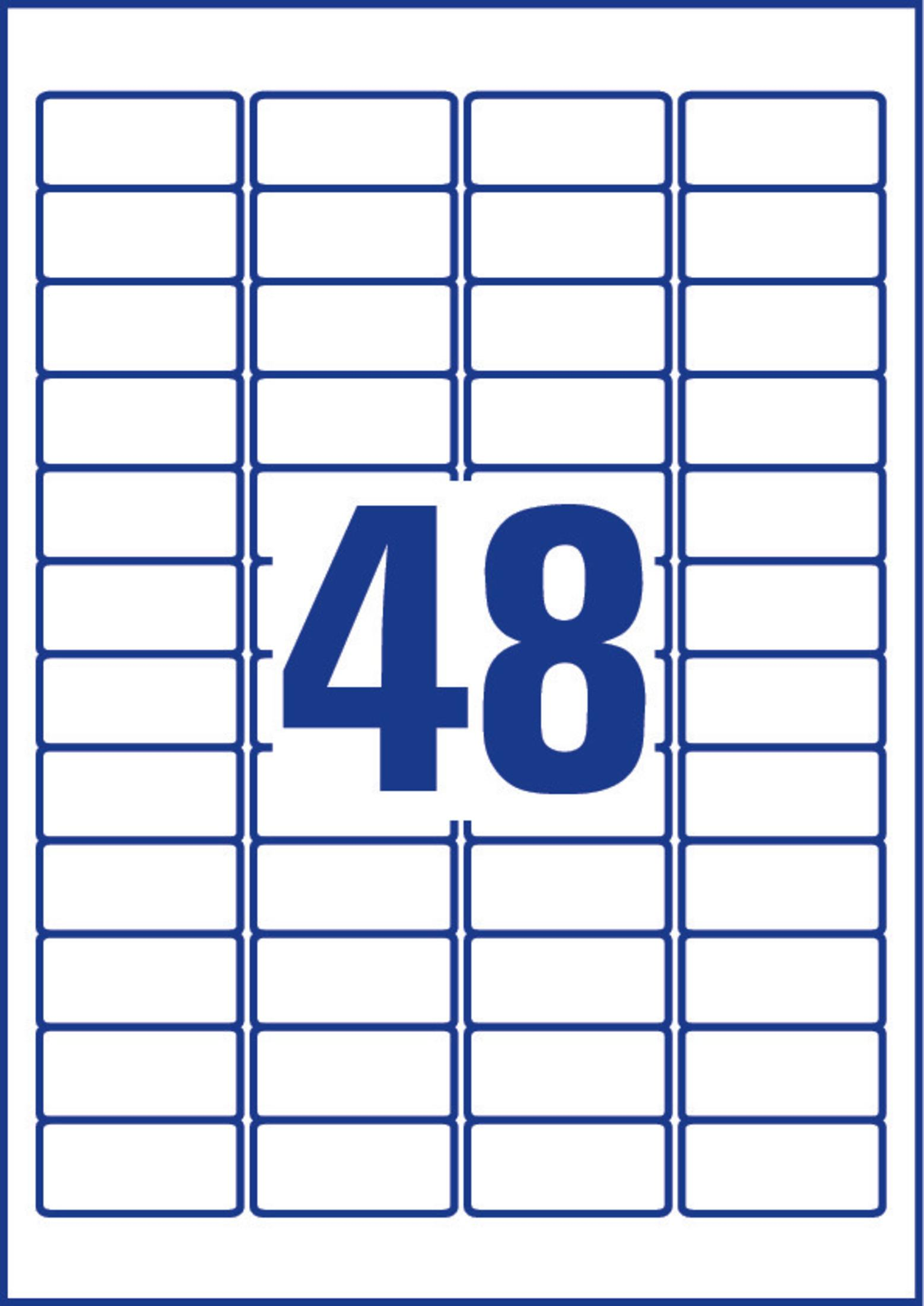 Un foglio di 48 etichette bianche per indirizzi con bordo blu.