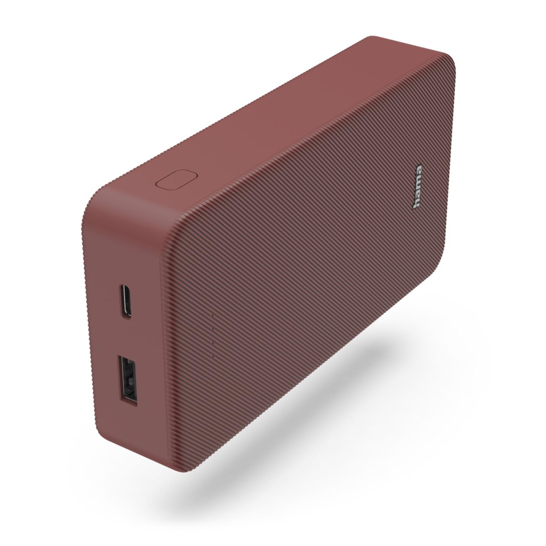Power bank bordeaux con due porte. Testo 'hama' sul lato destro.