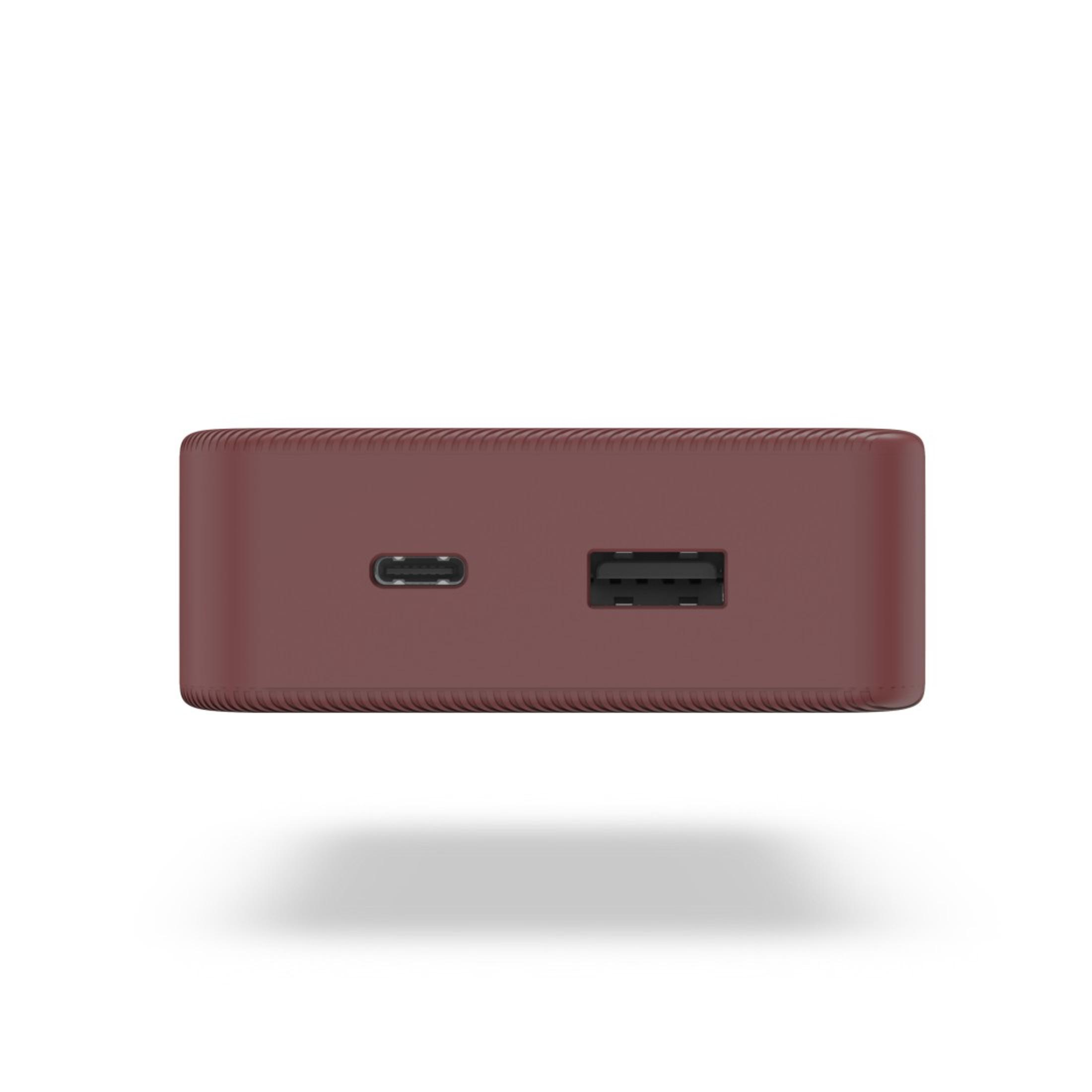 Un dispositivo rettangolare bordeaux con una porta USB e USB-C.