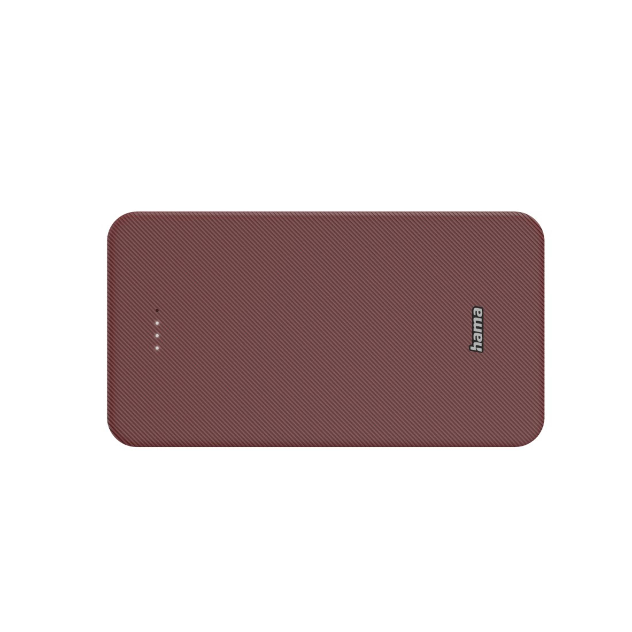 Un power bank marrone con la scritta 'hama' sul lato destro, su sfondo bianco.