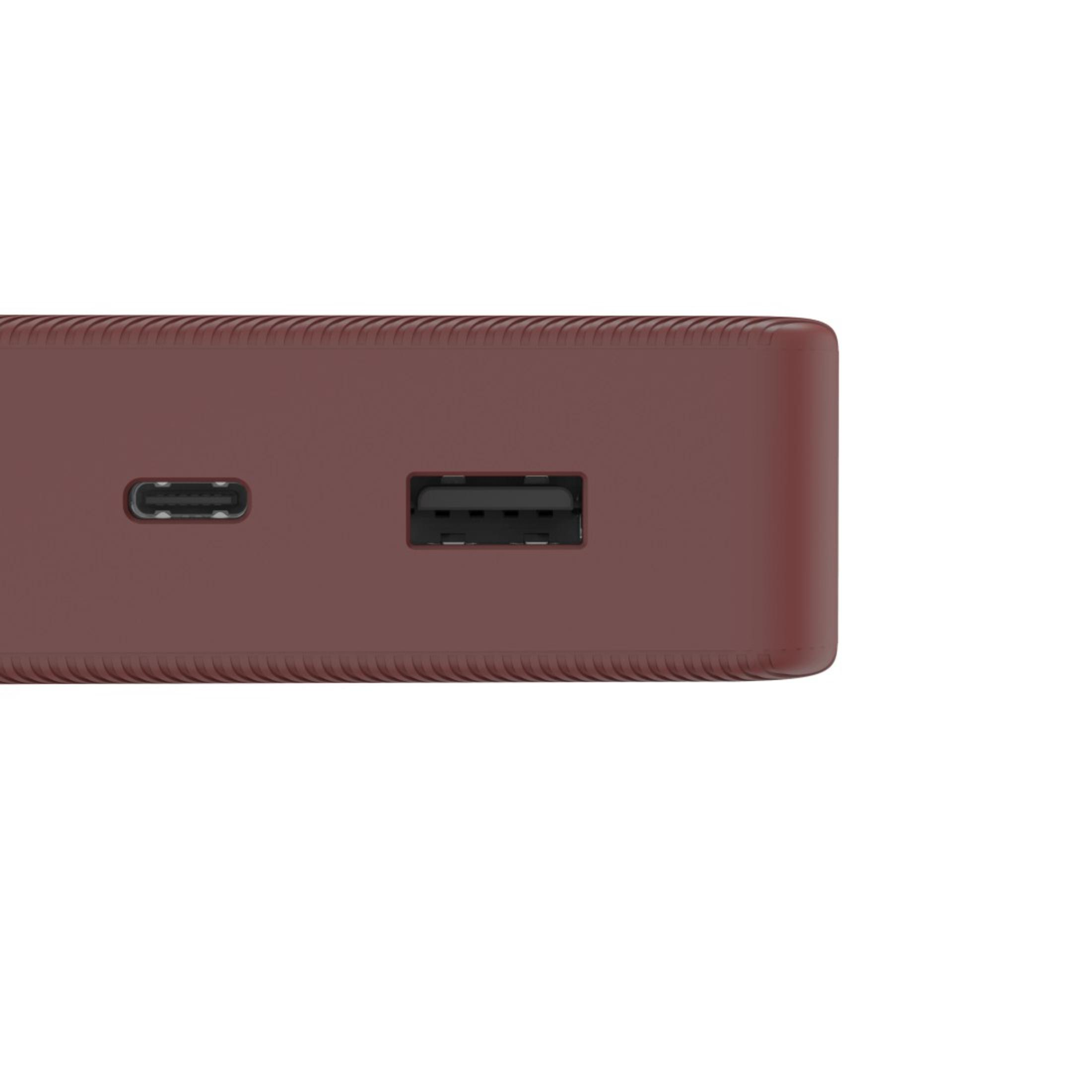 Angolo del dispositivo bordeaux con porte USB e USB-C su sfondo bianco.
