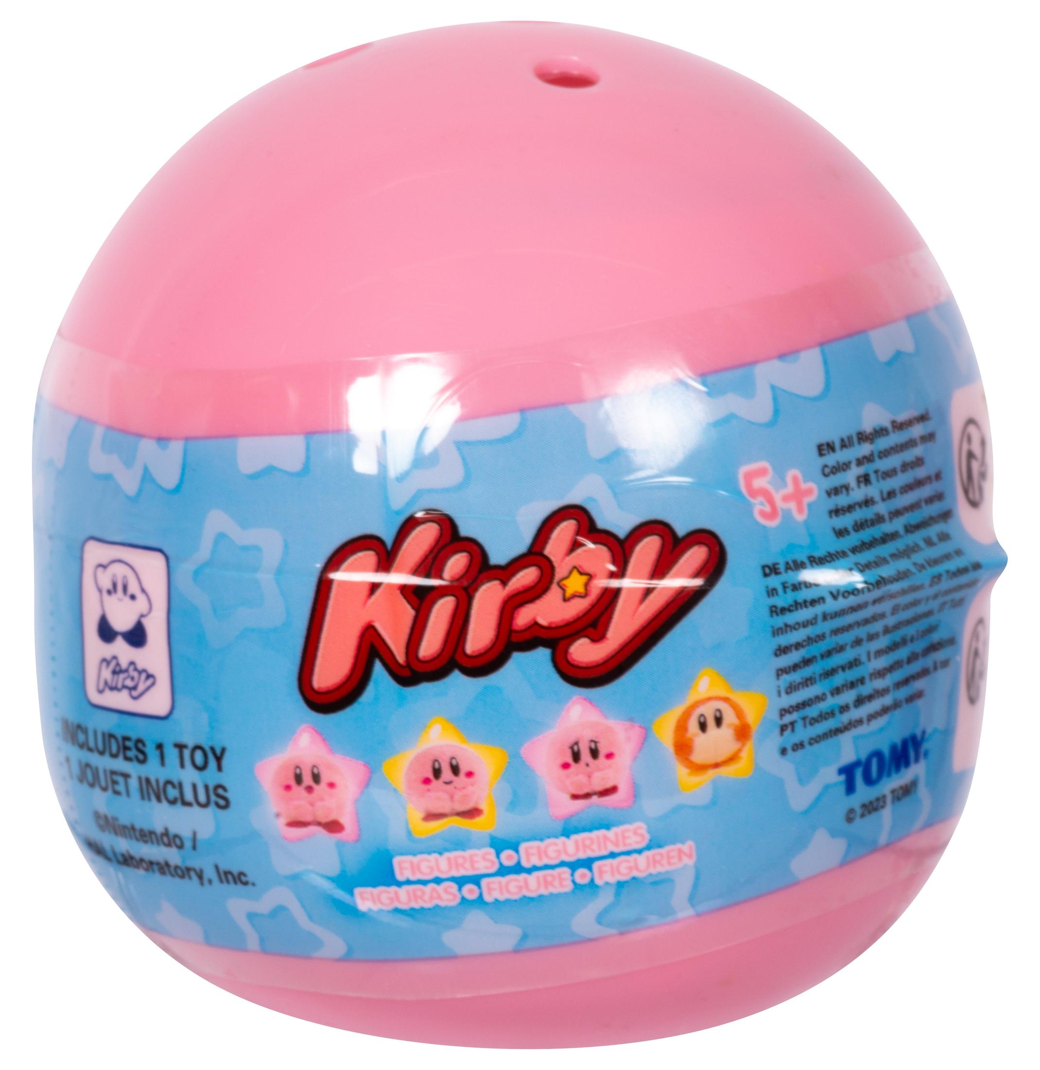 Balle de jouet rose Kirby avec personnages Kirby et texte.