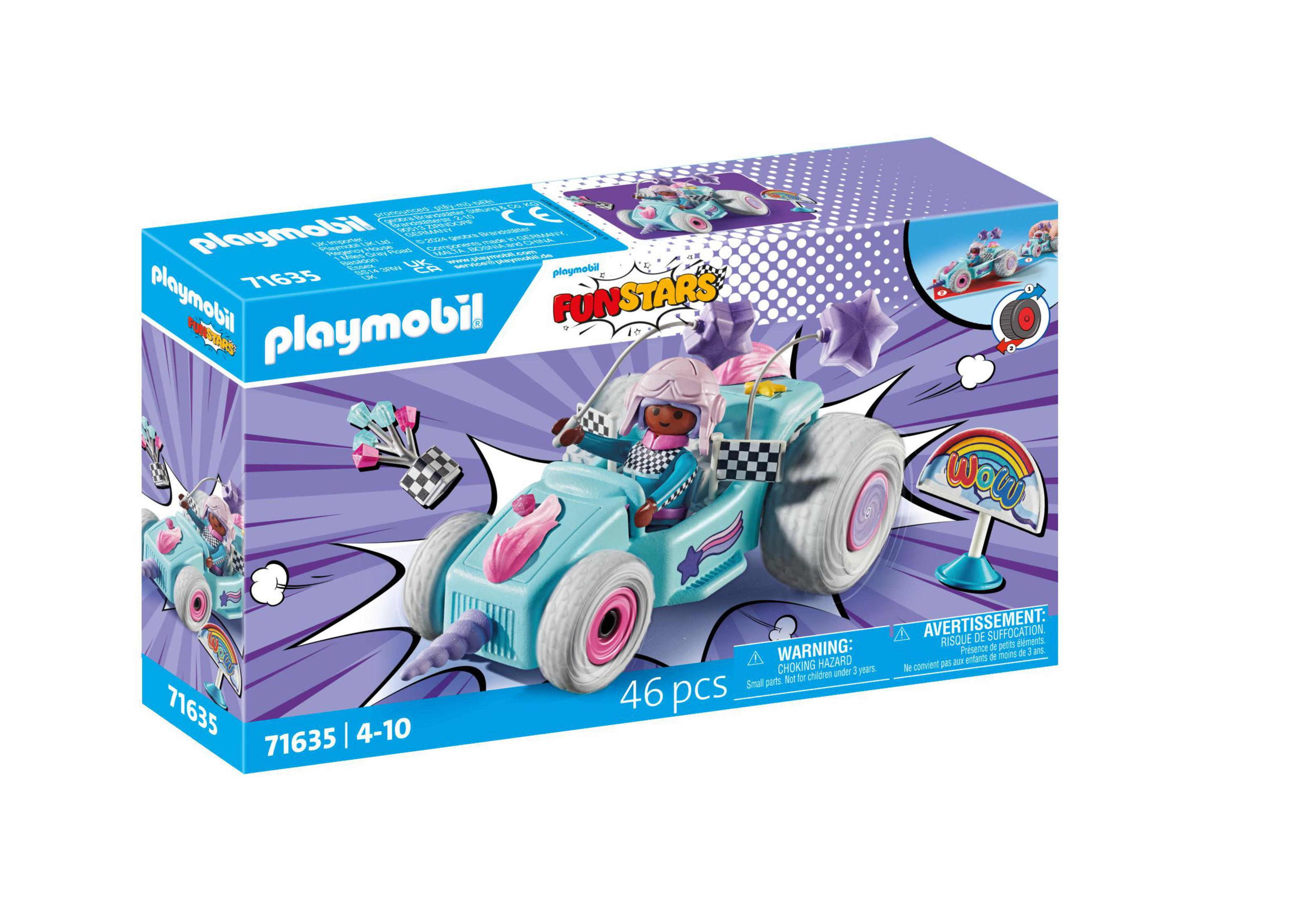 Pudełko Playmobil Fun Stars, z zabawką samochodu wyścigowego z postacią kobiety i flagami wyścigowymi.