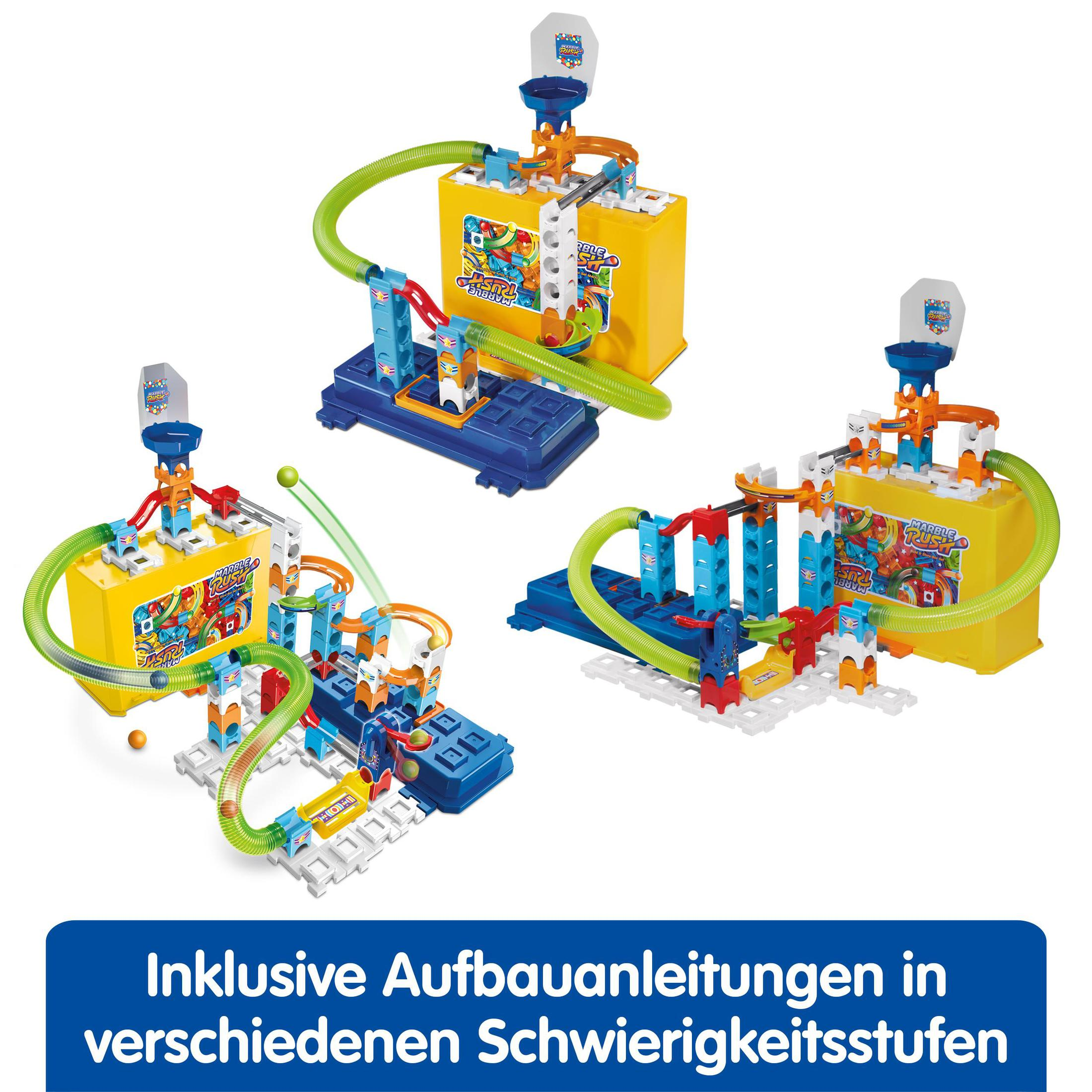 Drei farbenfrohe Konstruktionsspielzeug-Sets, jedes mit einer anderen Konfiguration und Anleitung.