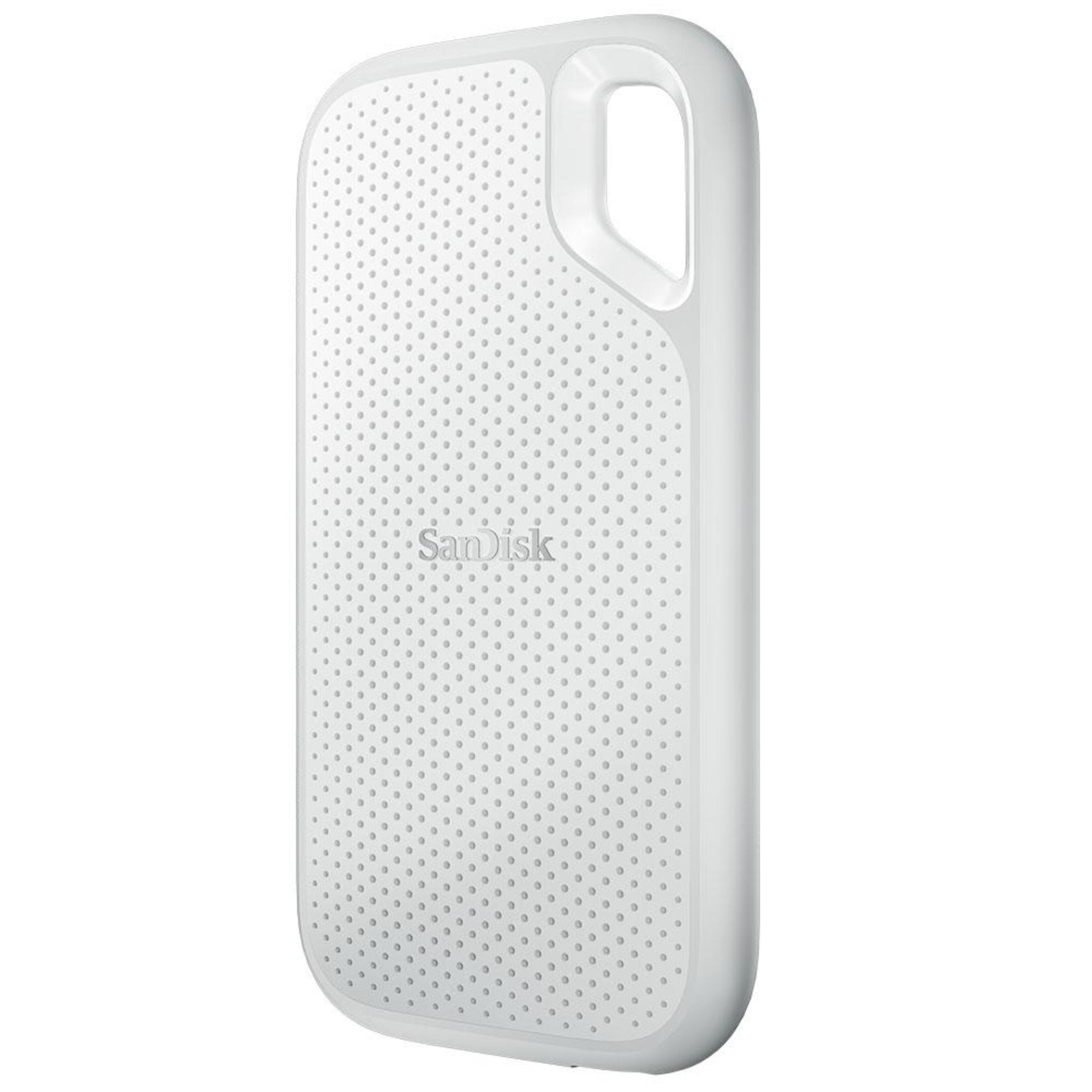 Un disco duro externo SanDisk blanco, perforado y rectangular.