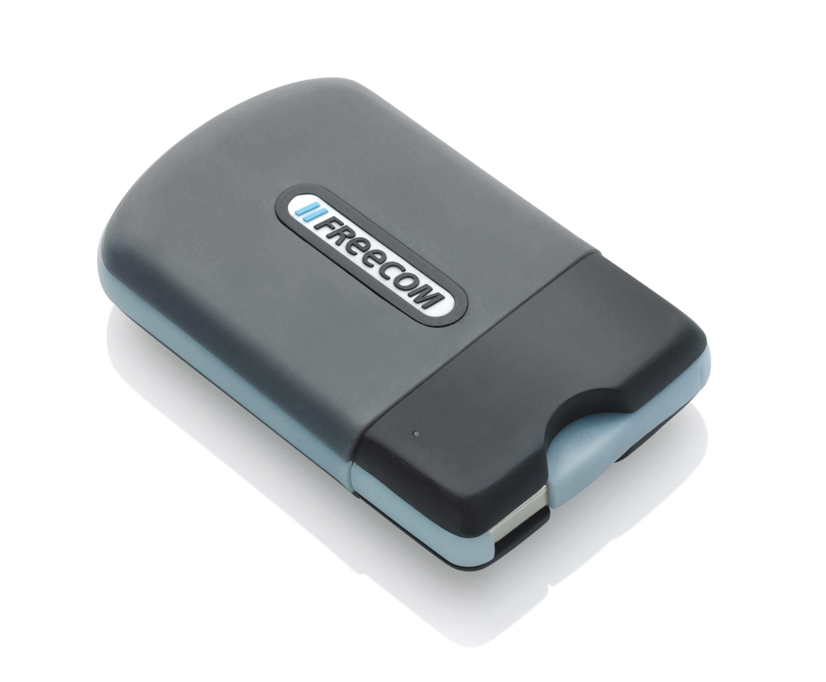 Un disco rigido esterno Freecom grigio e nero su bianco.