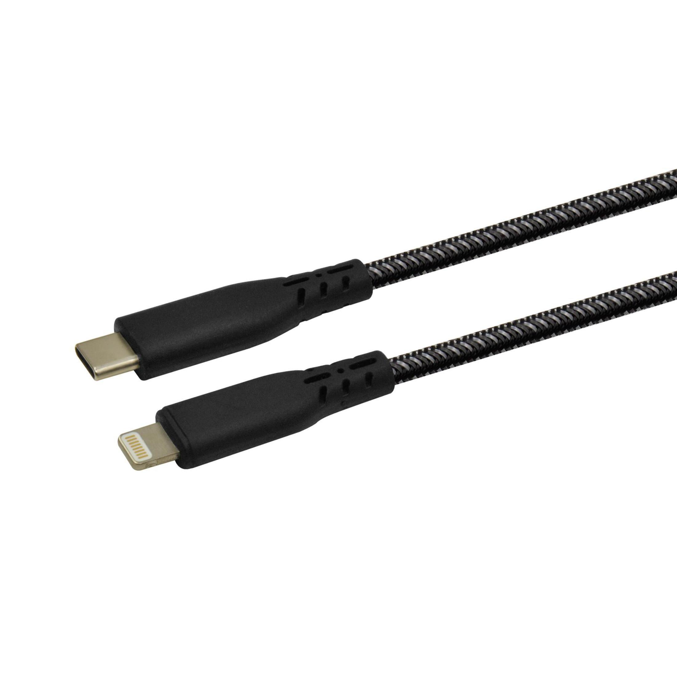 Schwarz-graues USB-C-auf-Lightning-Kabel. Das Kabel ist geflochten.