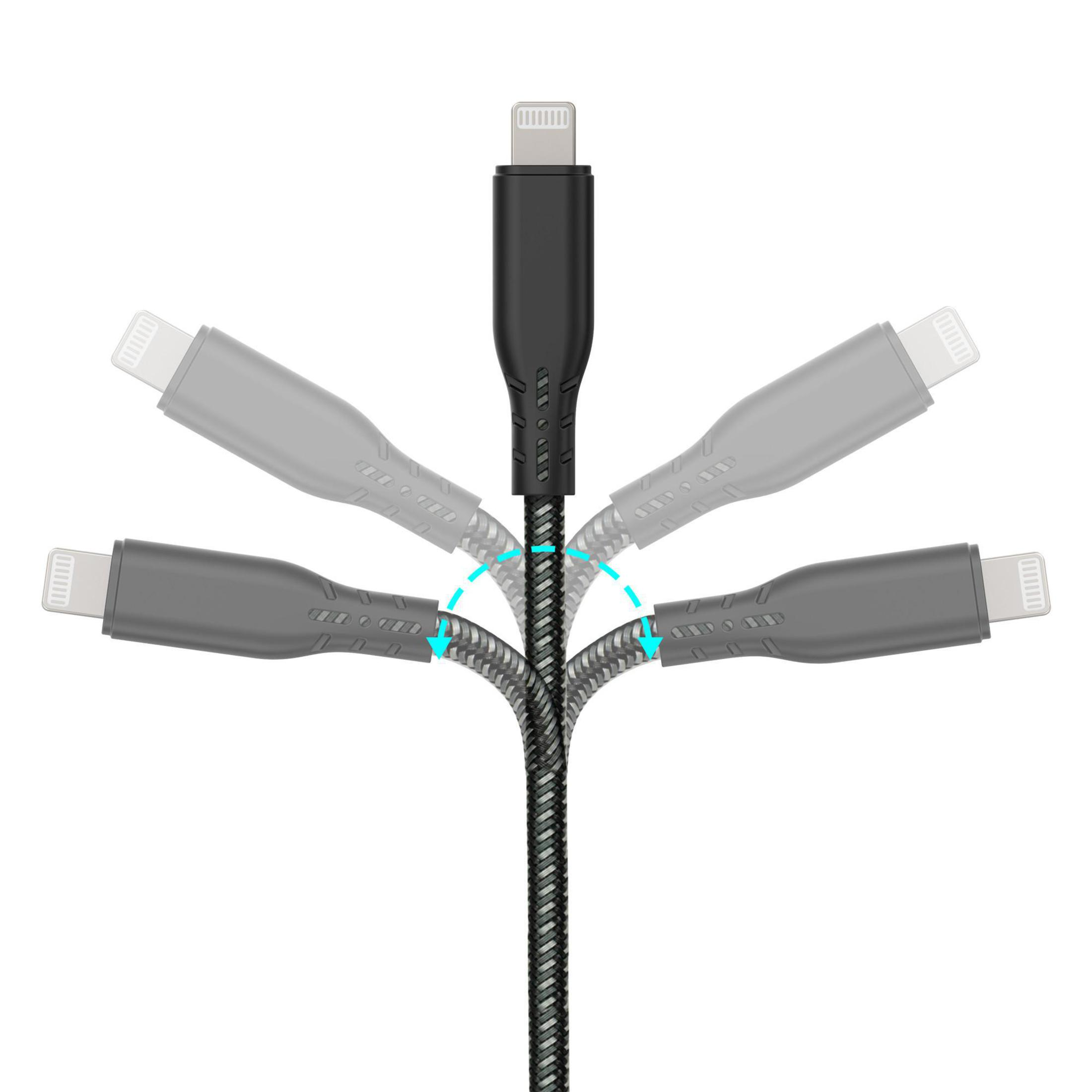 Schwarzes Ladekabel mit mehreren hellgrauen Lightning-Anschlüssen. Es hat einen schwarzen geflochtenen Kern.