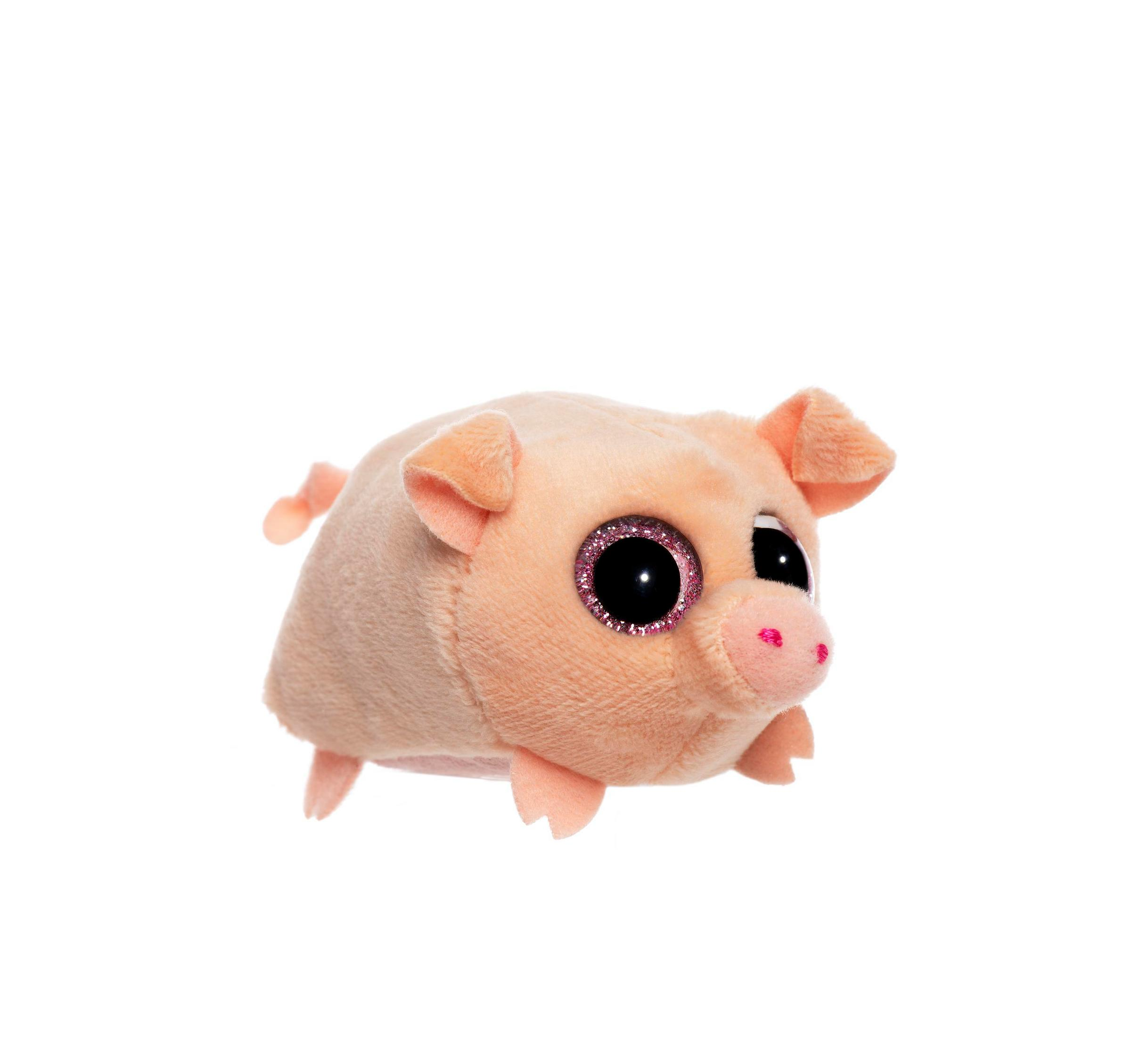 Rosa Stoffschwein mit großen Augen und roter Nase, auf Weiß.