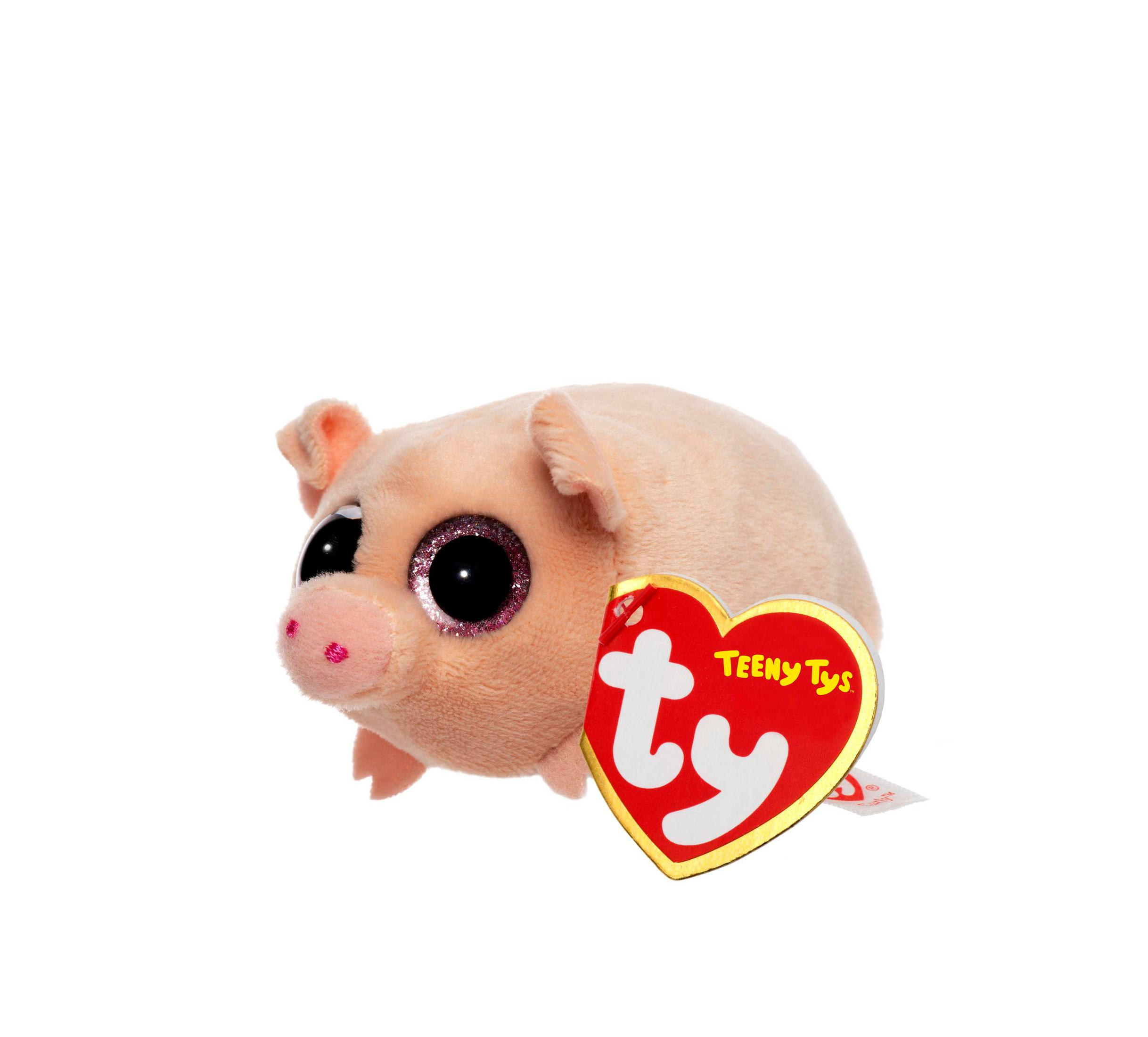 Ein kleines rosa Schwein Stofftier mit schwarzen Augen und einem roten Herzanhänger.