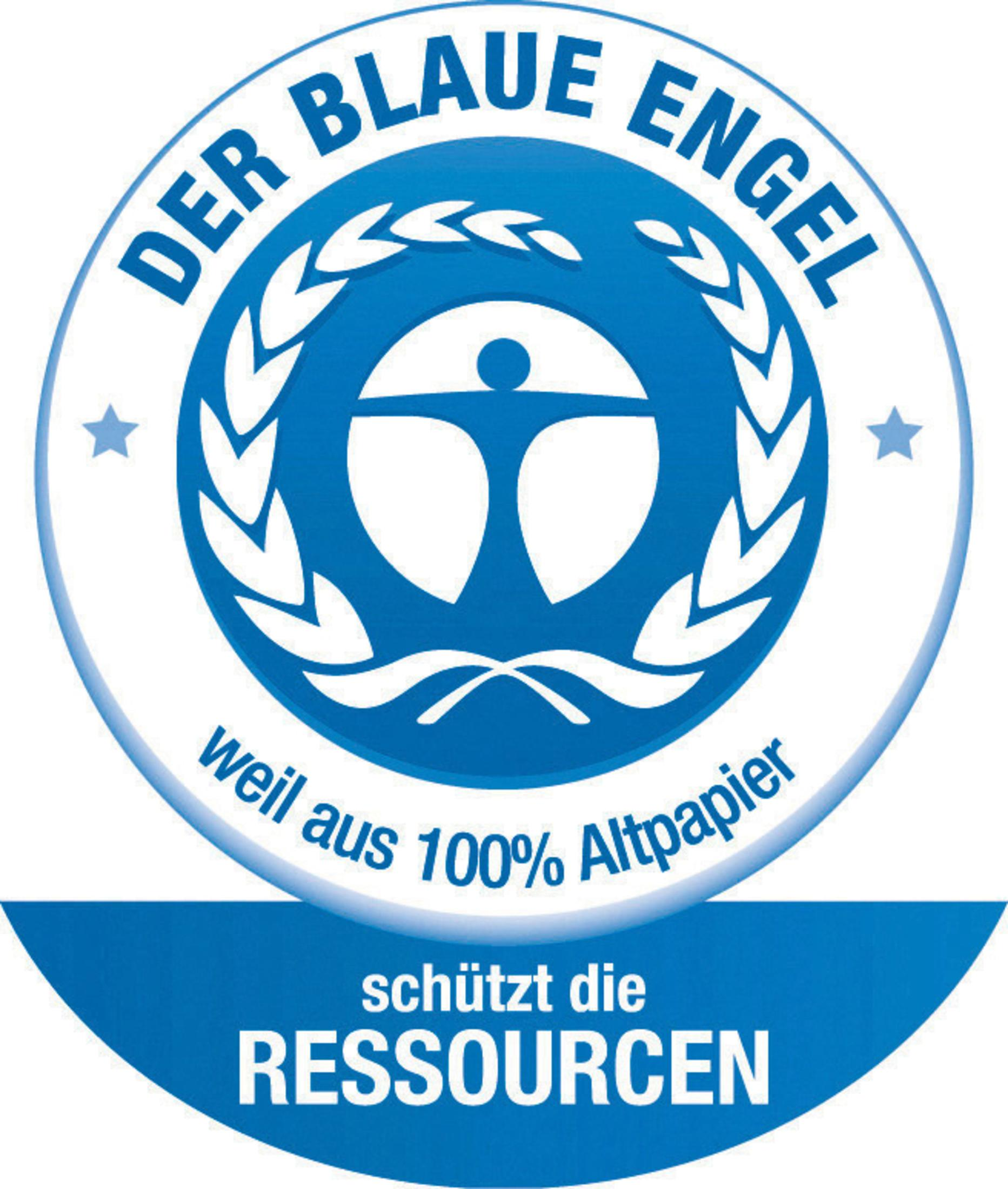 Ein rundes Logo mit blauem Design und dem Text 'DER BLAUE ENGEL'.