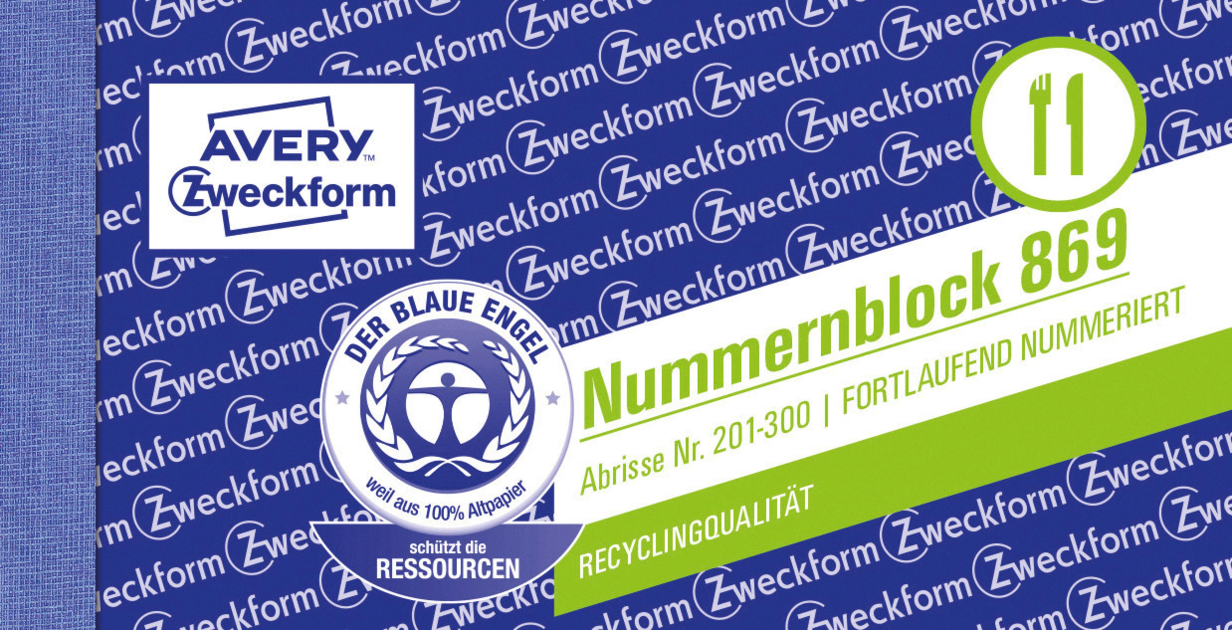 Avery Zweckform Logo und 'DER BLAUE ENGEL' Siegel auf Papier mit Gabel- und Messer-Symbol.