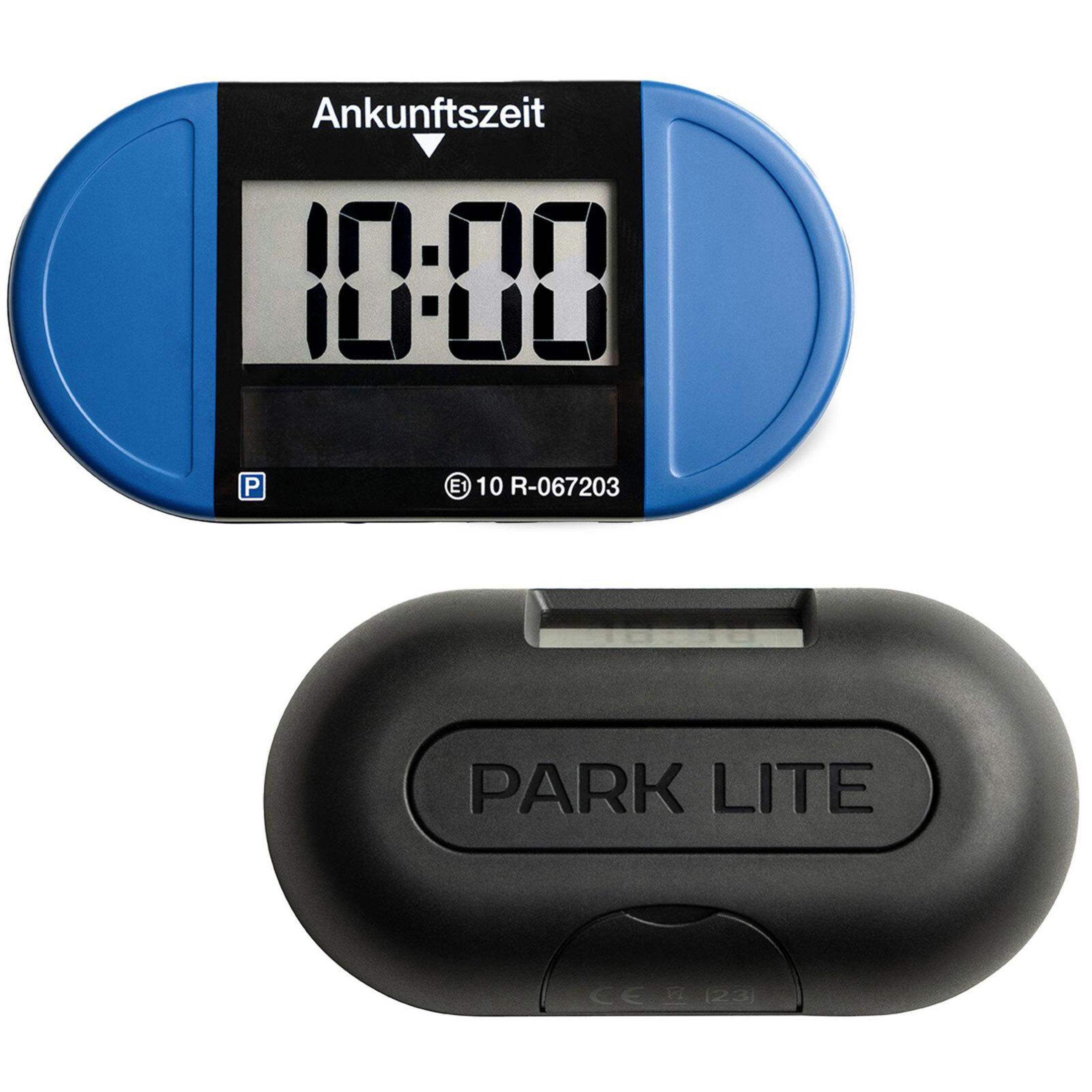 Blaue und schwarze Parkscheibe mit Digitalanzeige '10:00'. Auch eine schwarze Version.