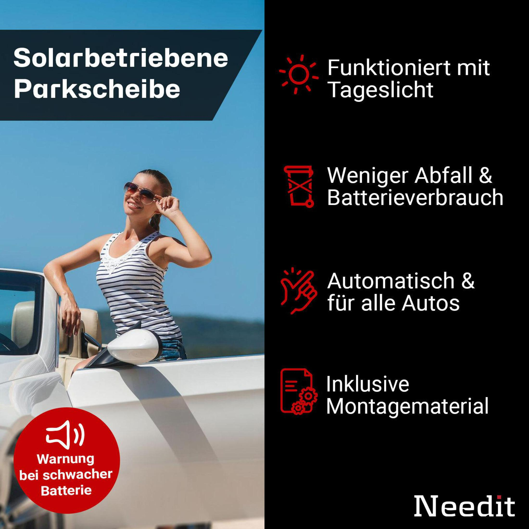 Frau neben weißem Cabrio, mit Text über eine solarbetriebene Parkscheibe. Blauer Himmel im Hintergrund.