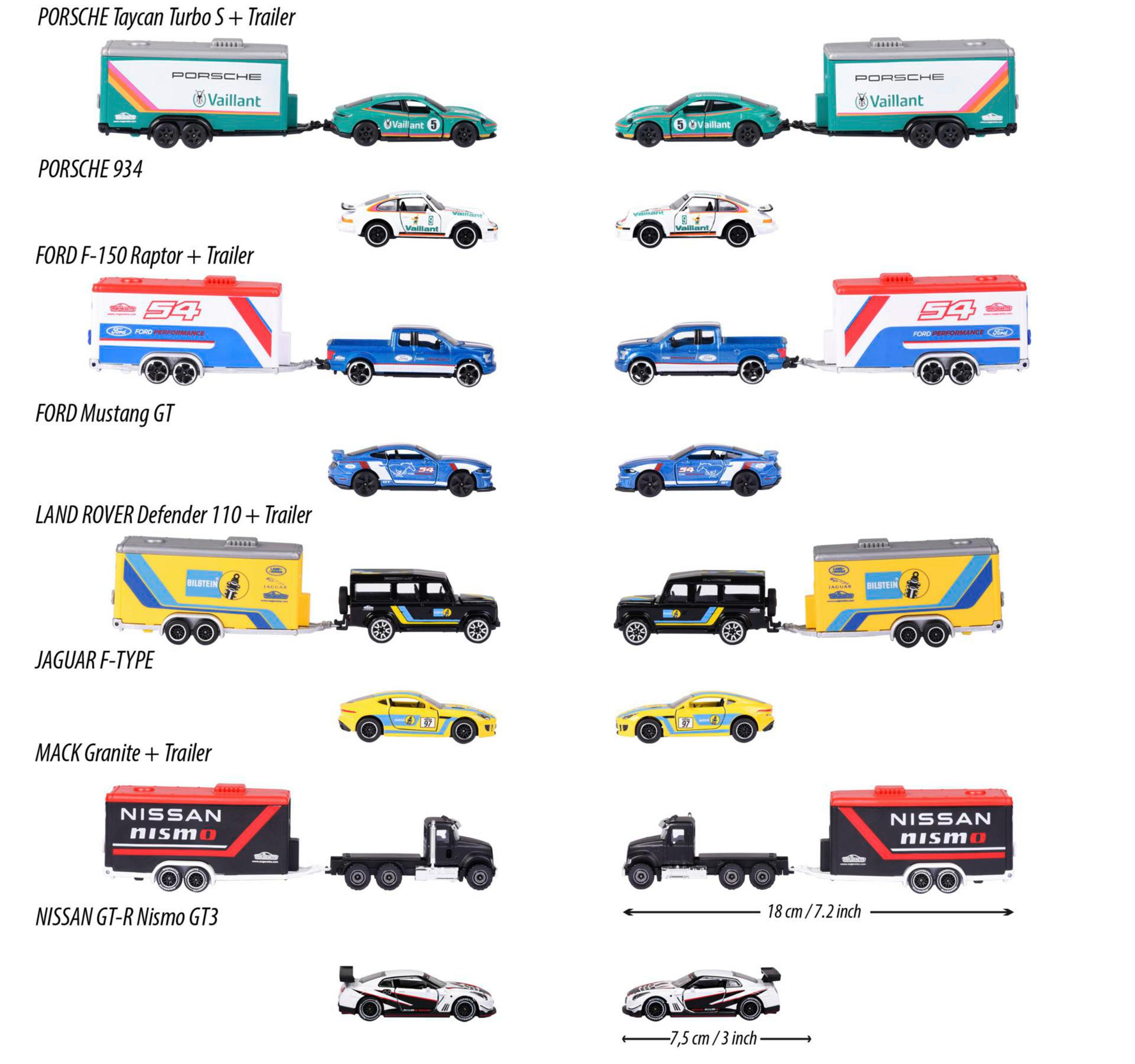 Spielzeugautos mit Anhängern sind in Reihen angeordnet. Verschiedene Modelle von Autos und Lastwagen sind abgebildet, wobei die Markennamen sichtbar sind.
