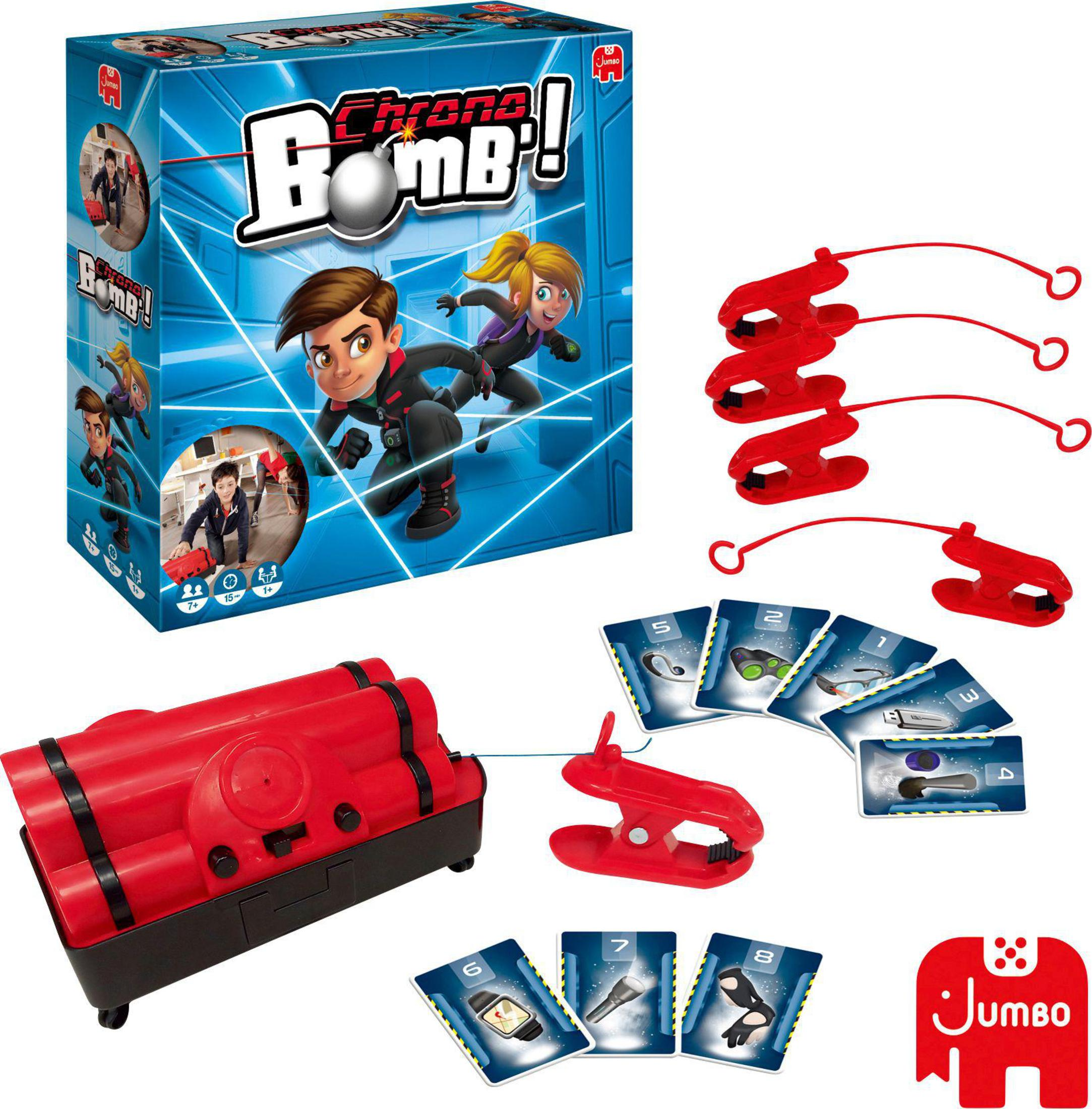 Pudełko i elementy gry planszowej Chrono Bomb!. Zawiera czerwoną bombę, karty i czerwone klipsy.
