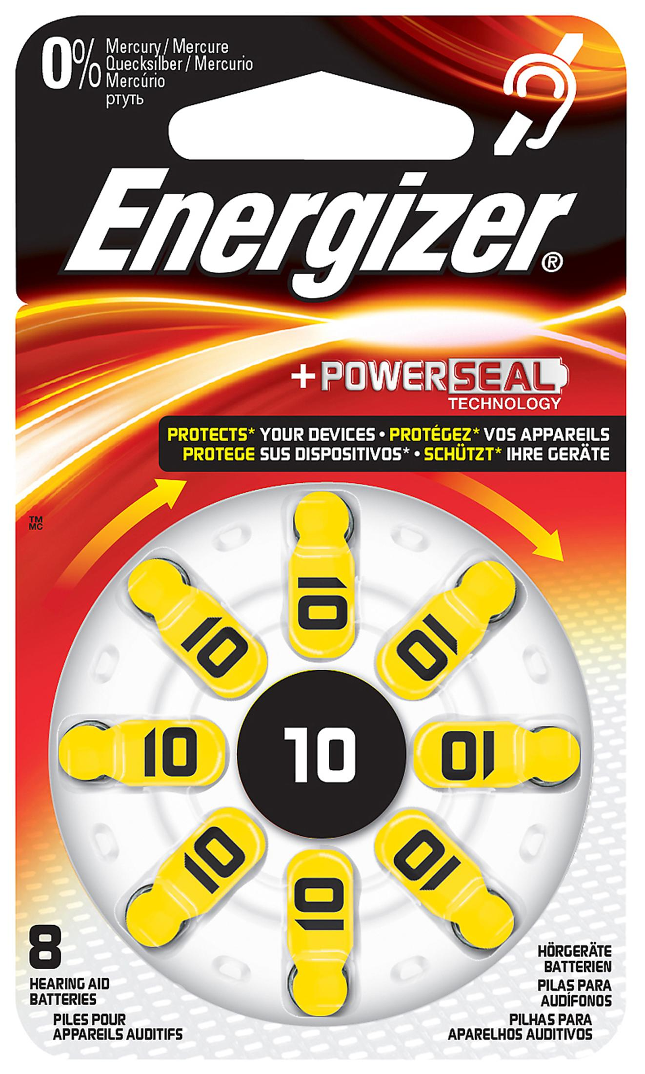 Eine Packung Energizer Hörgerätebatterien. Es hat gelbe Batterien und einen weißen Hintergrund.