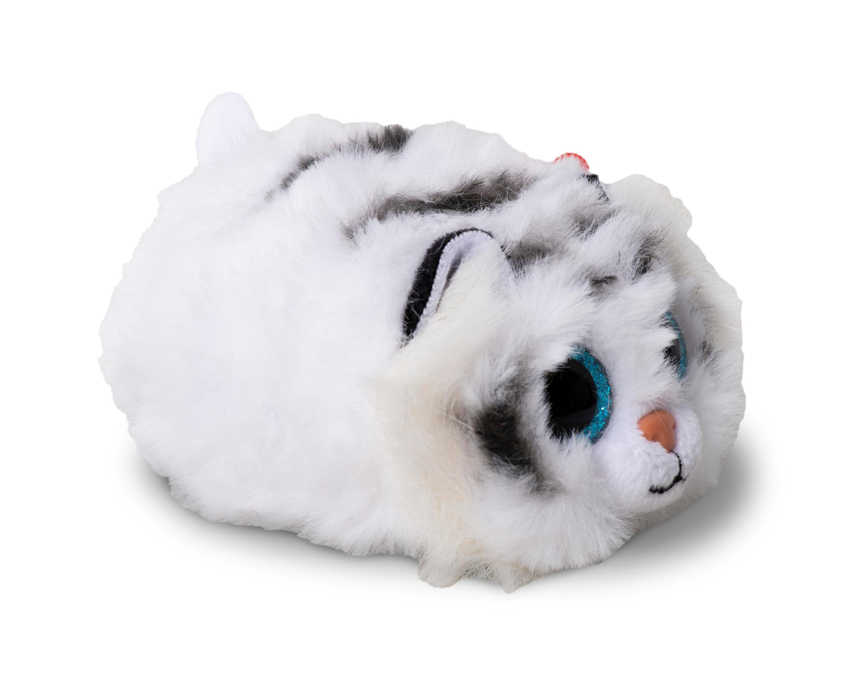 Ein weißes, flauschiges Katzenspielzeug mit schwarzen Streifen und blauen Augen.