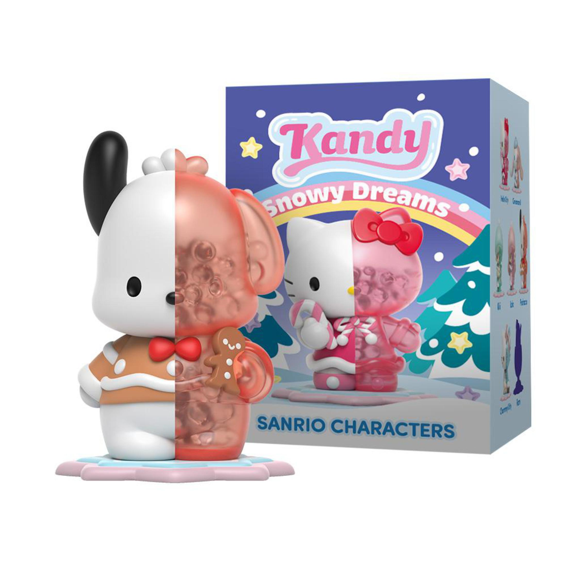 Une figurine Kandy d'un chien et Hello Kitty. La figurine est blanche et rose, avec une boîte.