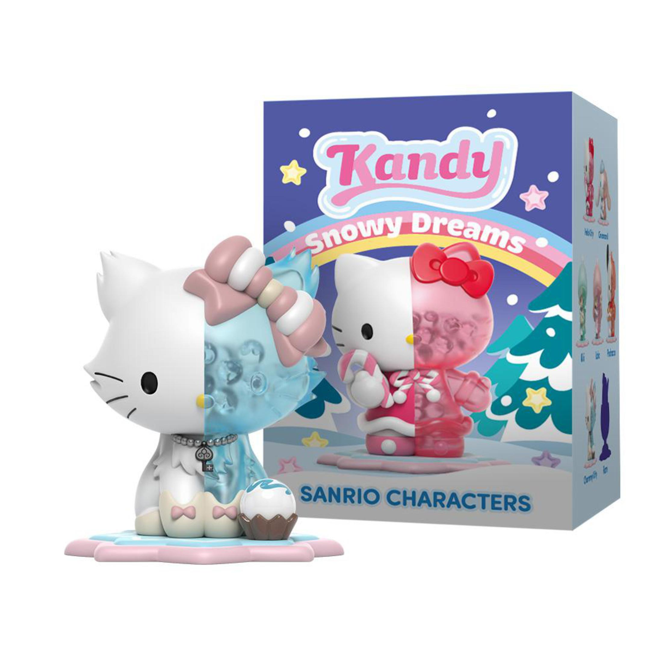Figurine Hello Kitty divisée, moitié blanche, moitié rose, sur une base avec une boîte derrière.