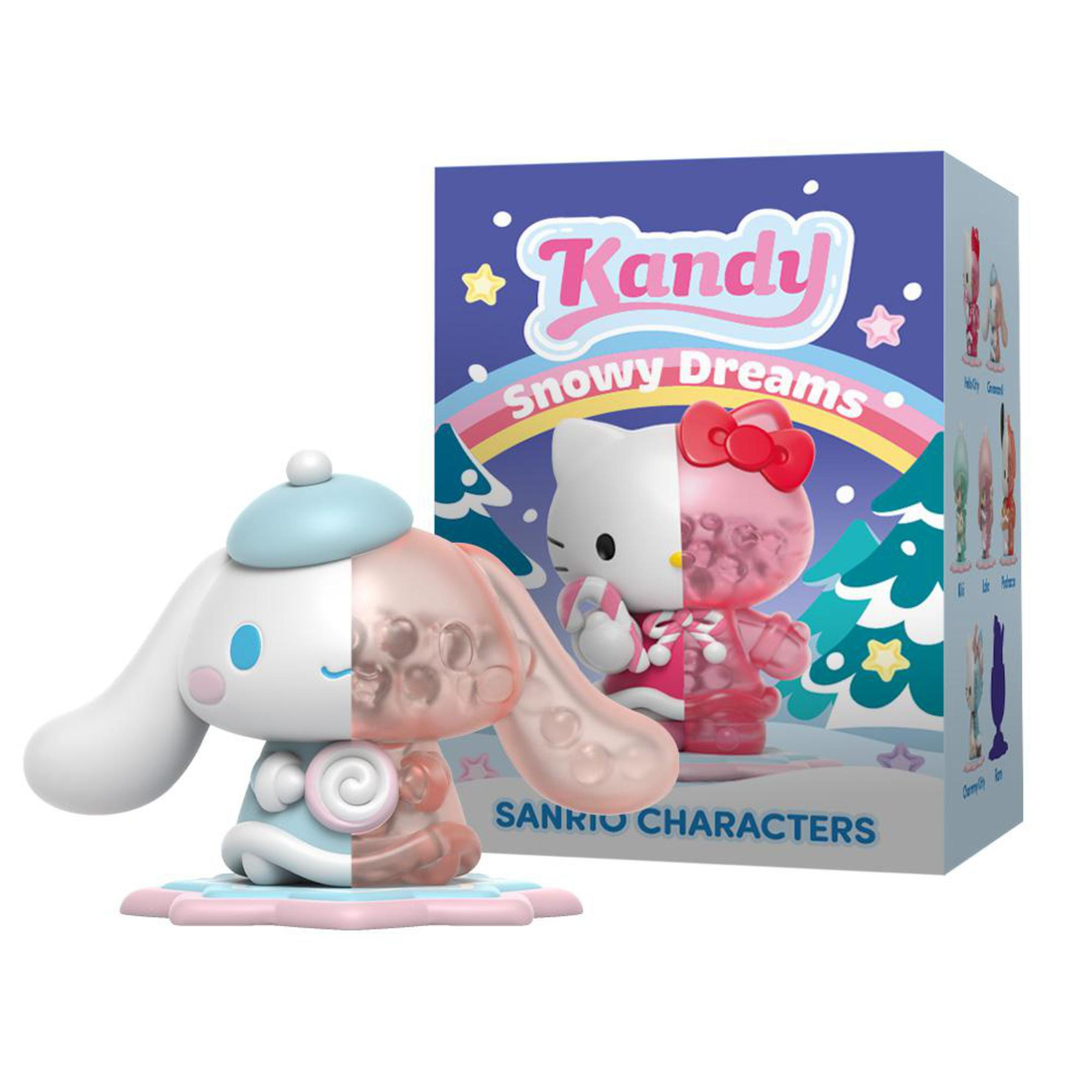 Une figurine Cinnamoroll et Hello Kitty, thème Snowy Dreams, avec une boîte en arrière-plan.