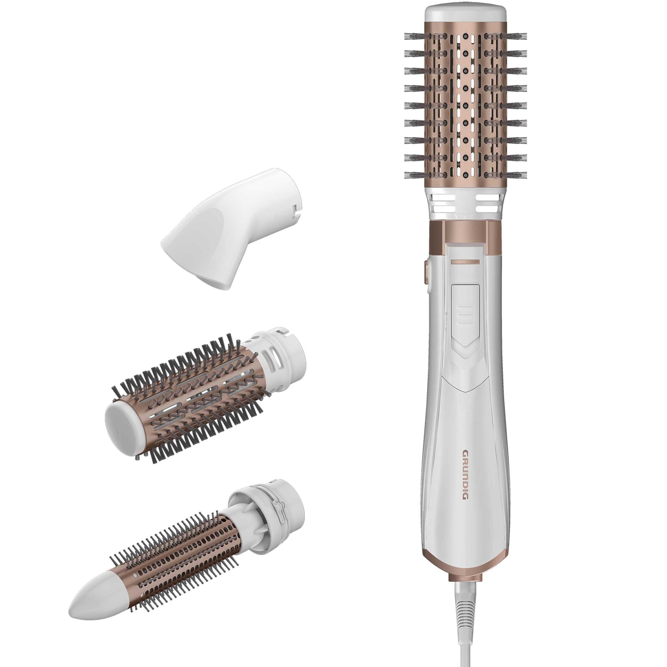 Uno strumento per lo styling dei capelli bianco e oro rosa con testine intercambiabili. Include beccuccio e spazzole.
